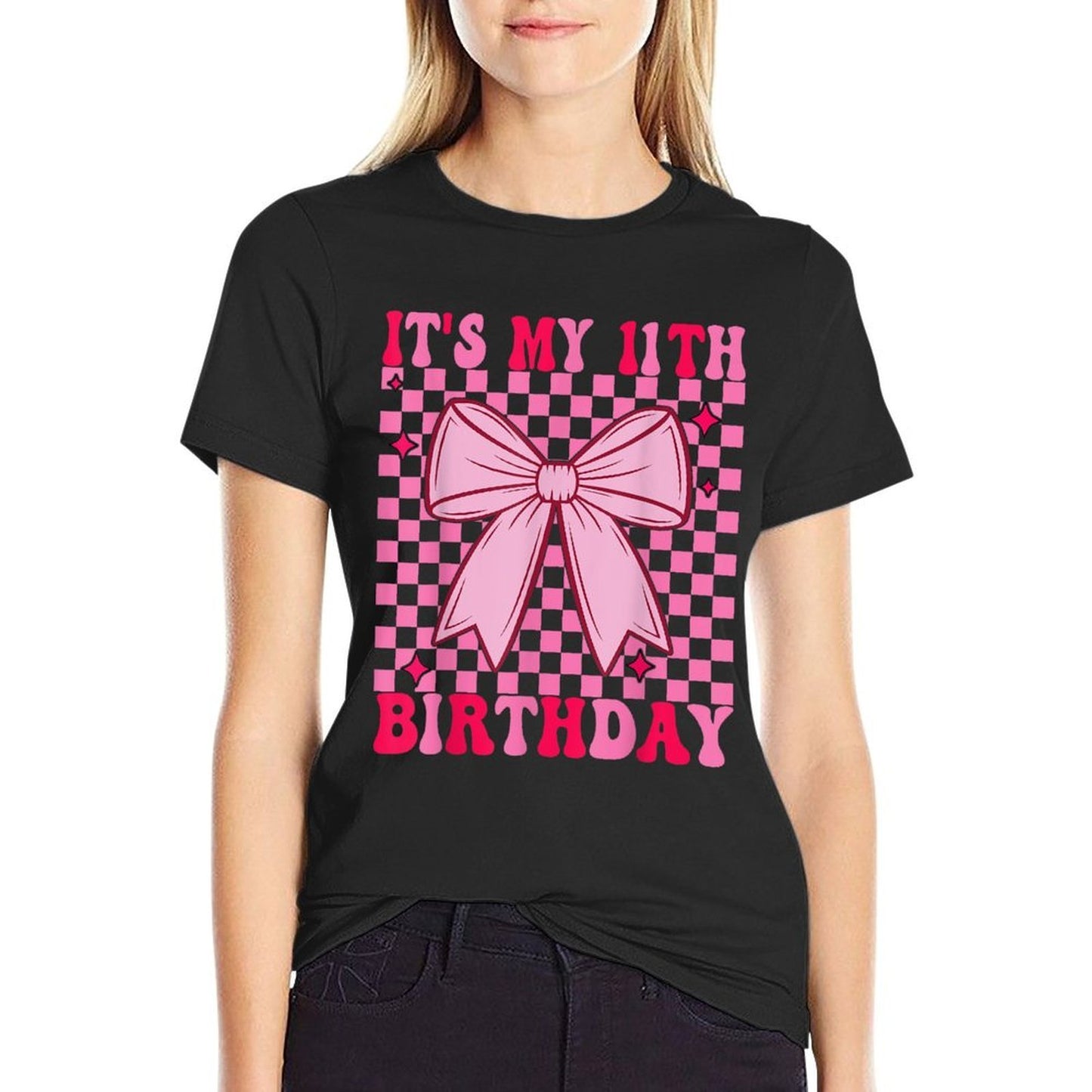 11th Coquette Themed Birthday Eleven Year Old Girl Bow Heathered Texture T-Shirt