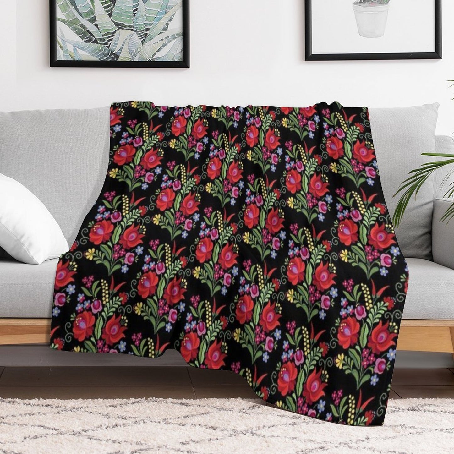 Hungarian Folk Design Red Peppers on Black Quick-dry Throw Blanket