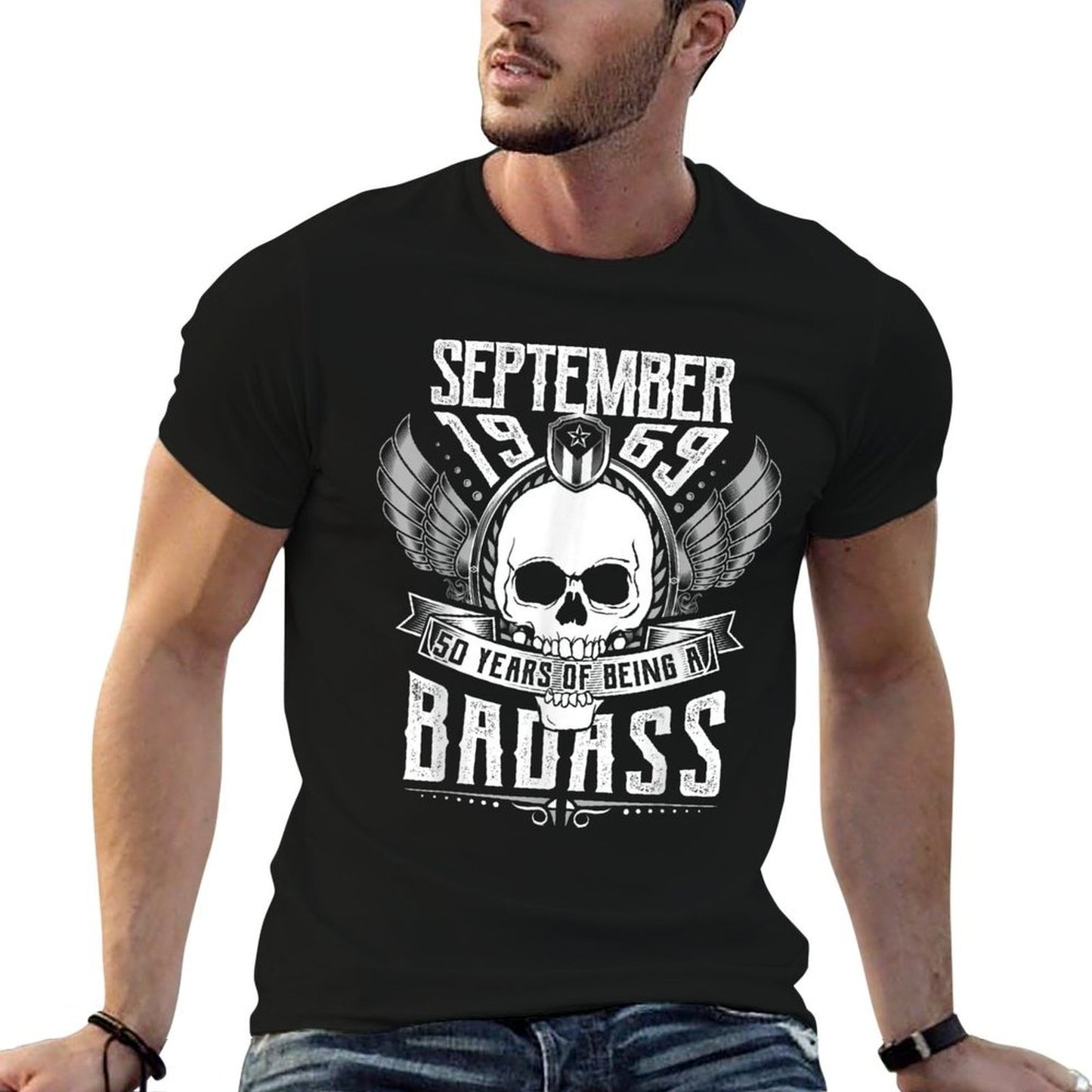 50th Birthday Gift September 1969, Badass Biker Style Rolled Sleeves T-Shirt