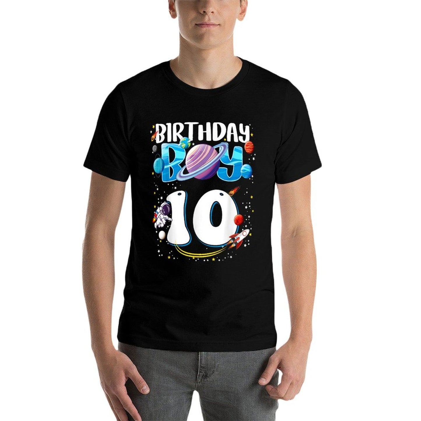 10th Birthday Boy Astronaut Space Planets Ten Years Old Ribbed Collar T-Shirt