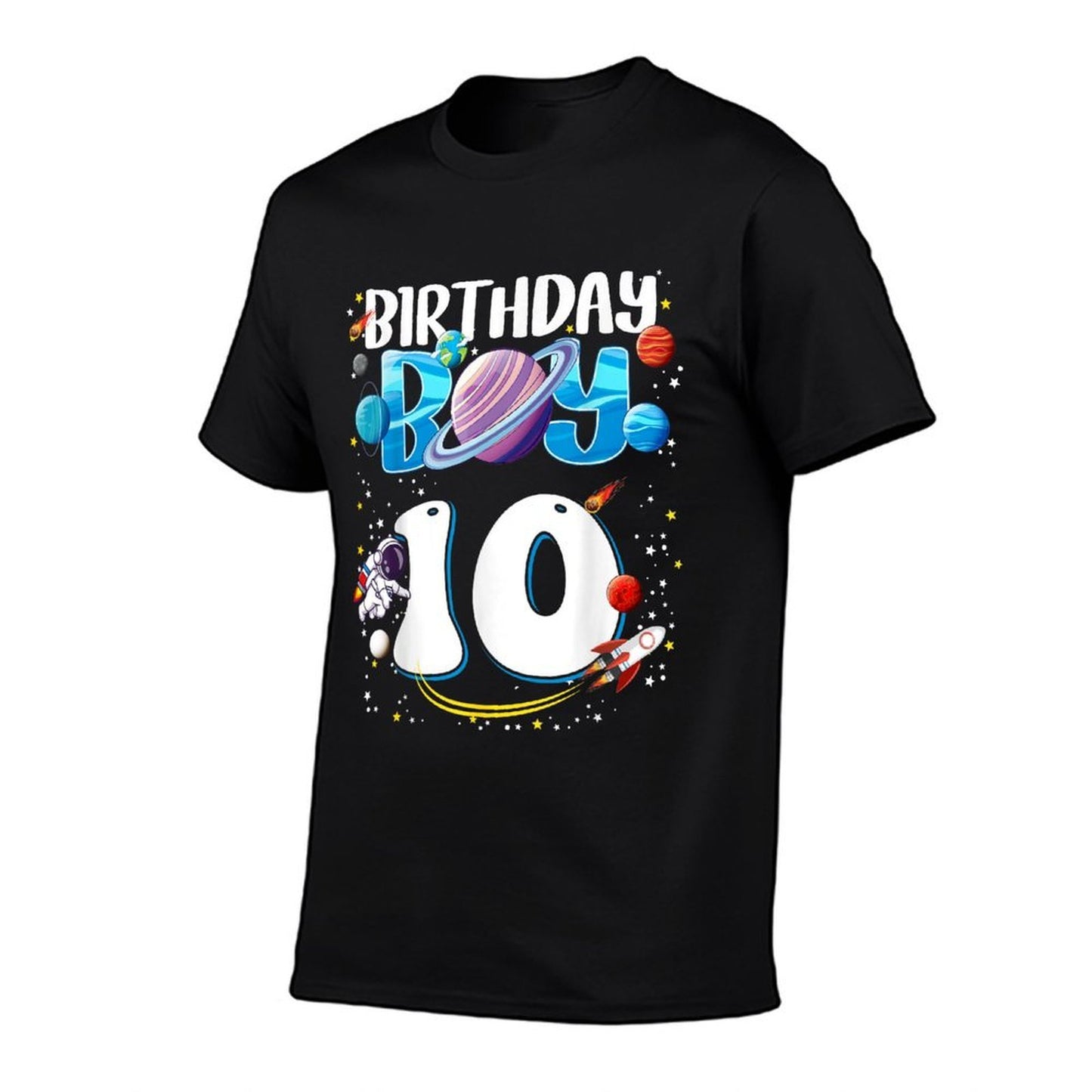 10th Birthday Boy Astronaut Space Planets Ten Years Old Ribbed Collar T-Shirt