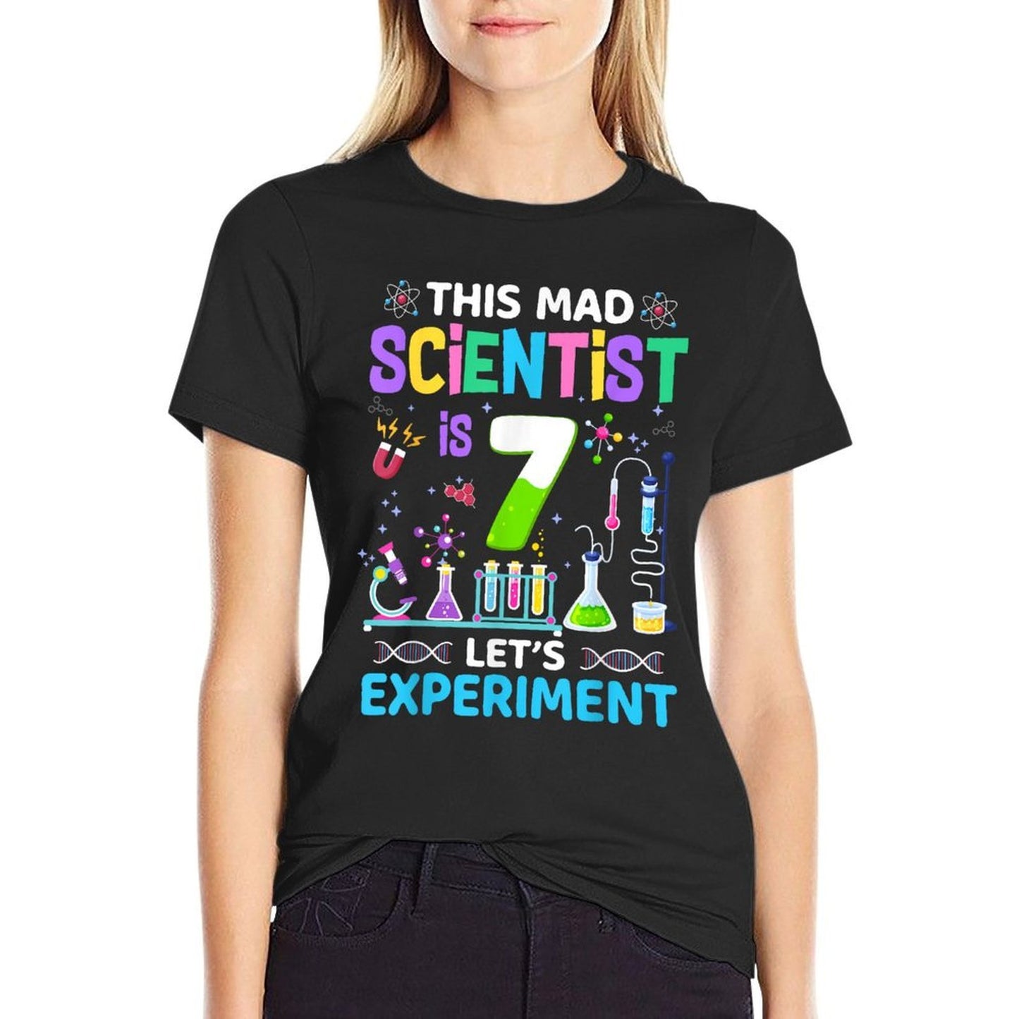 7 Years Old 7th Birthday Boys Girls Science Theme Party Summer-ready Fabric T-Shirt