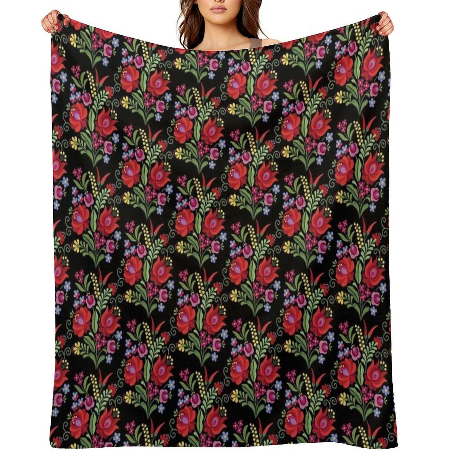 Hungarian Folk Design Red Peppers on Black Quick-dry Throw Blanket