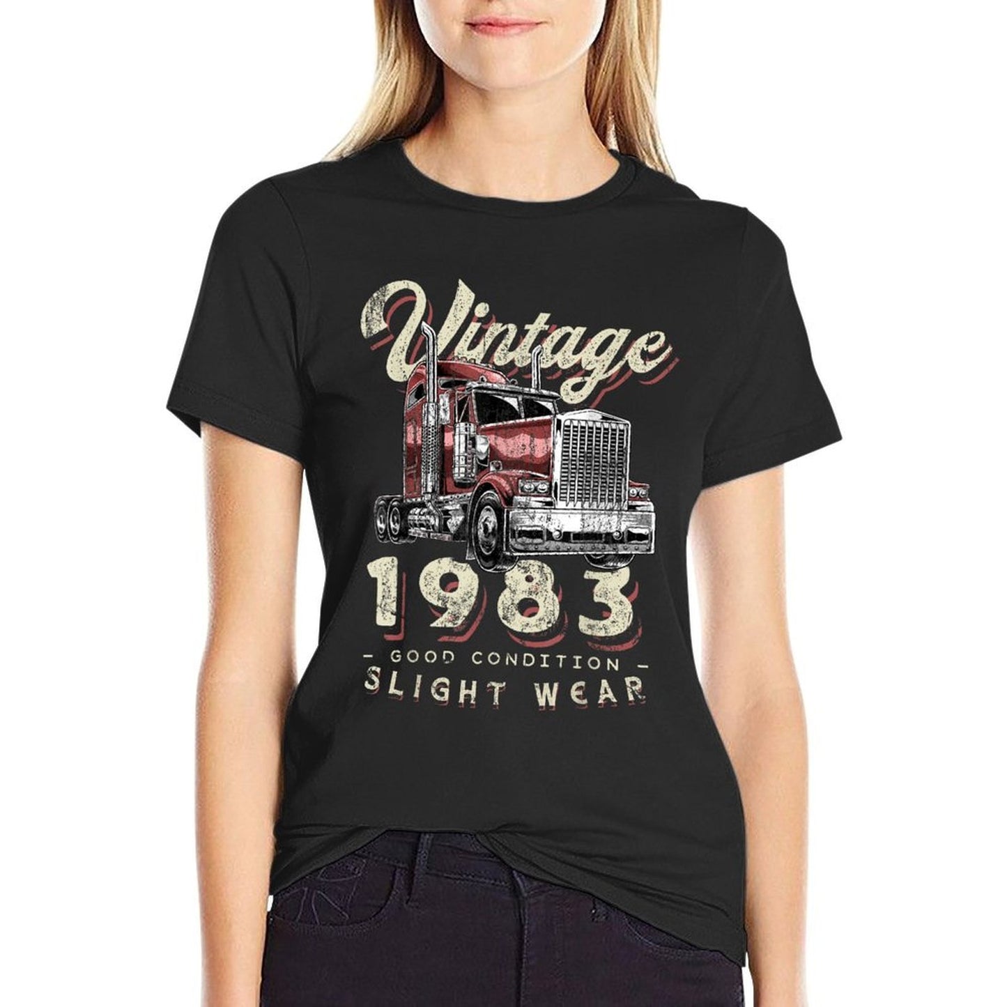 Vintage 1983 Trucker Big Rig Truck Driver 40th Birthday Ribbed Collar T-Shirt