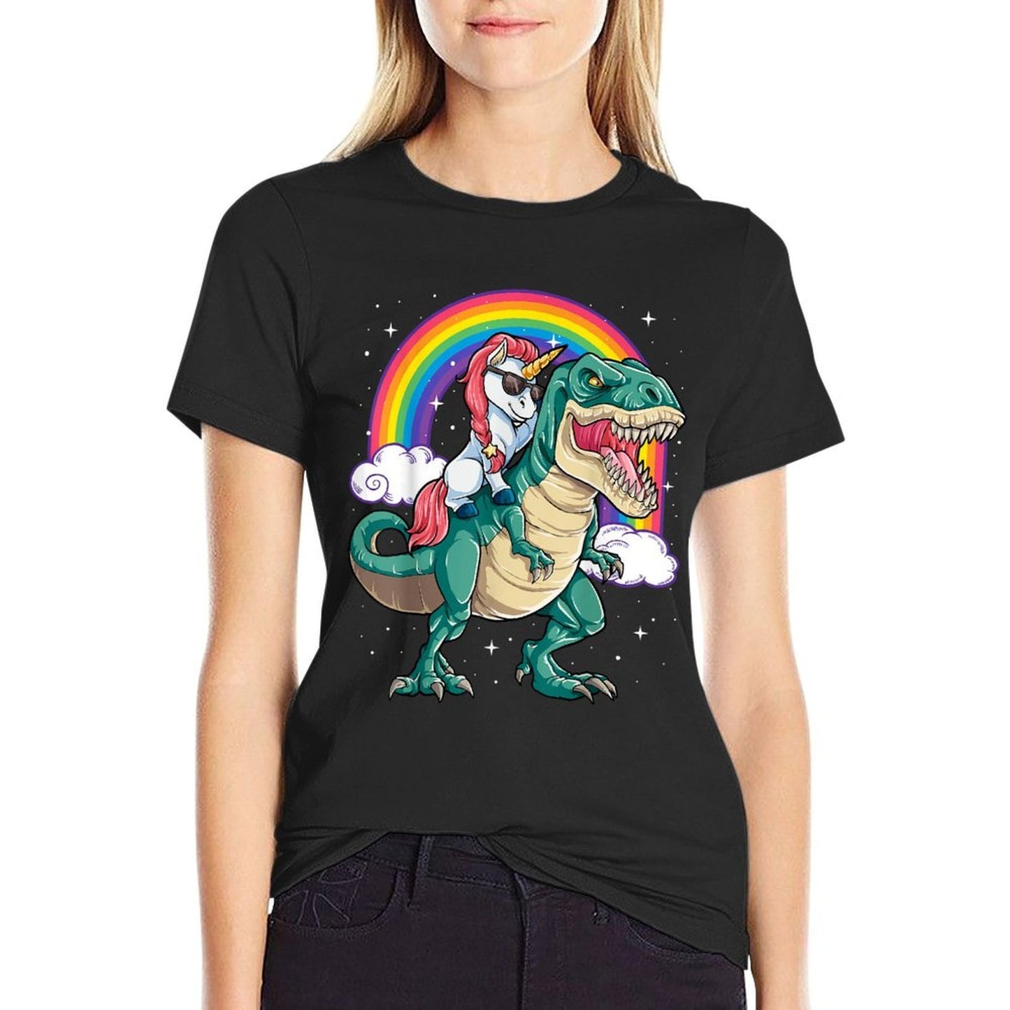Unicorn Riding T Rex Dinosaur Boys Girls Men Women Rainbow Polyester Blend T-Shirt