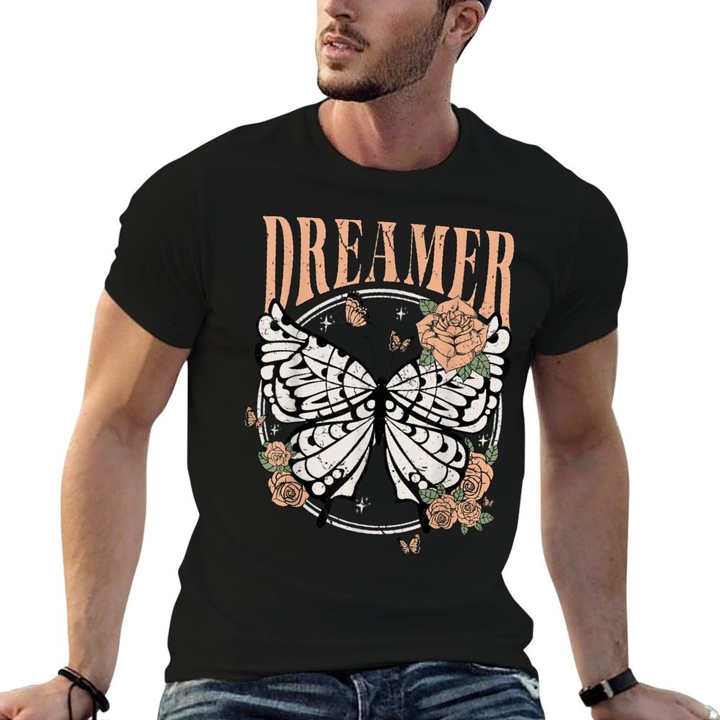 Vintage Retro Dreamer Butterfly 80's 90's Style Lover Gift Rolled Sleeves T-Shirt