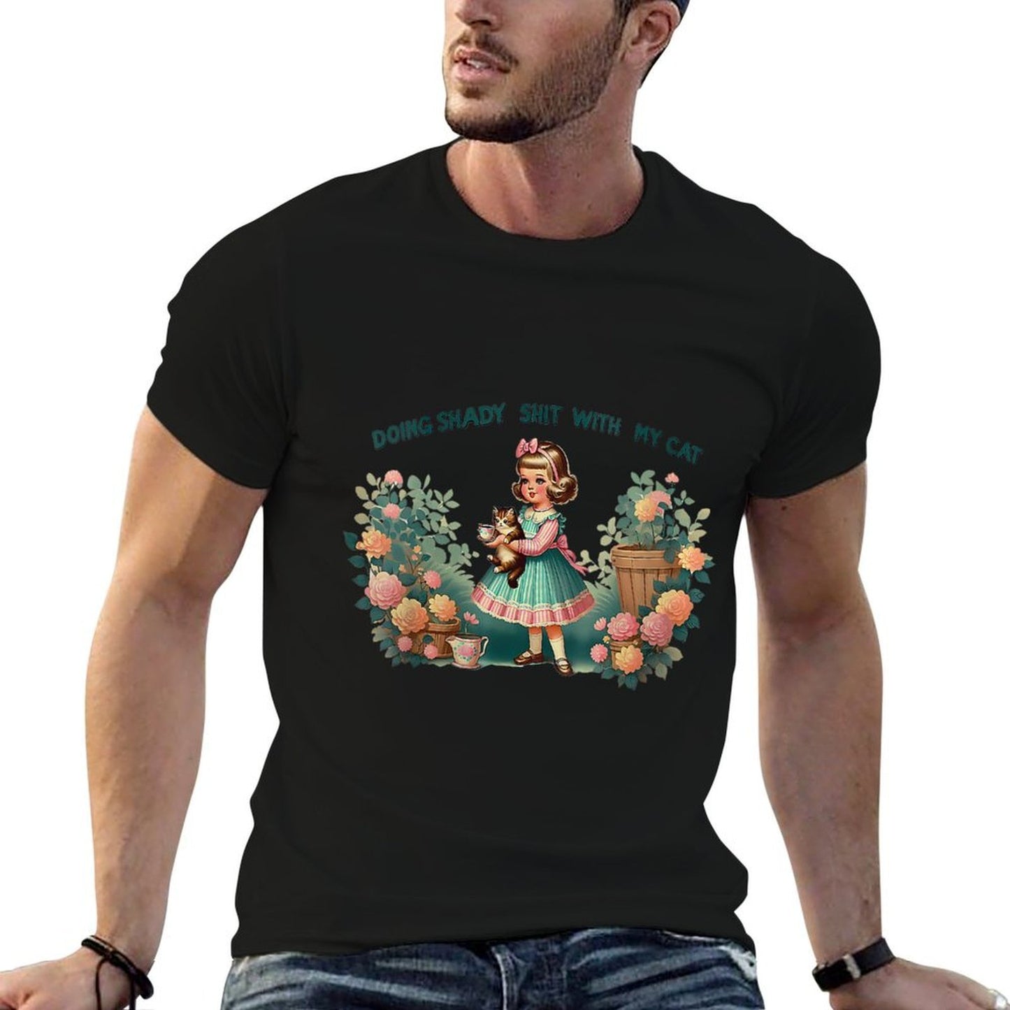 Womens Doing Shady Shit With My Cat Vintage Little Girl Cat Flowers Quick-drying T-Shirt