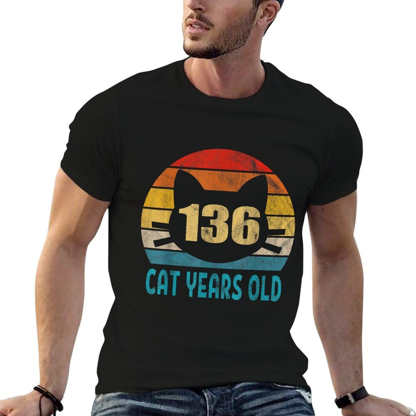 136 Cat Years Old Retro 30th Birthday Gift Cat Lovers Rolled Sleeves T-Shirt