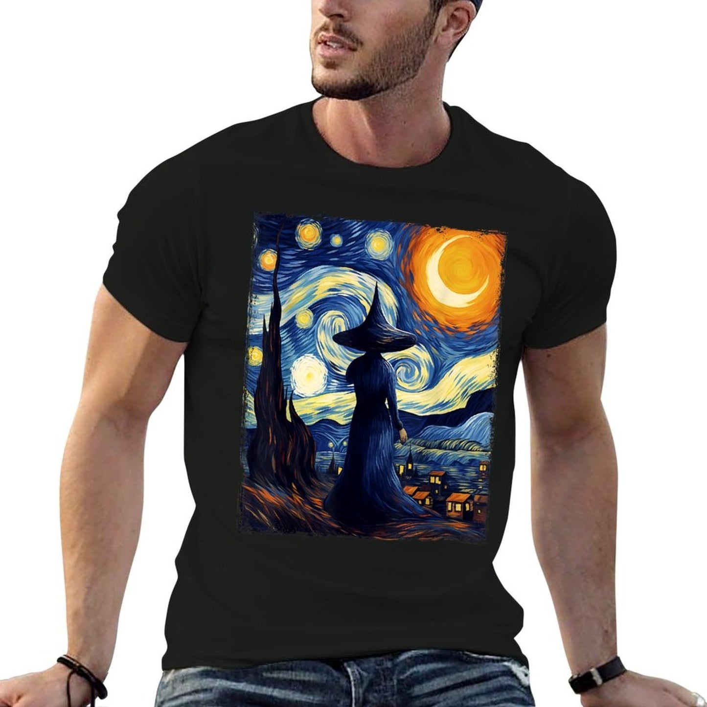 Witch Halloween Starry Night Van Gogh Aesthetic Painting Breathable T-Shirt
