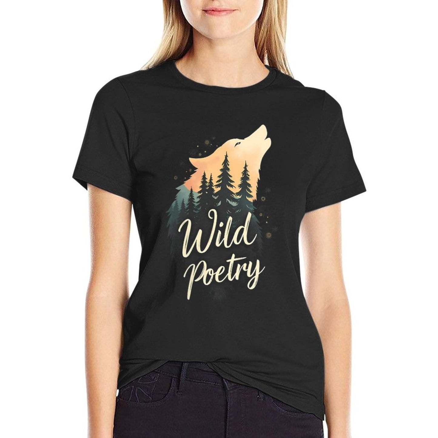 Womens Wild Poetry Wolf - Forest Wolf Graphic for Nature Lovers Graphic-printed T-Shirt