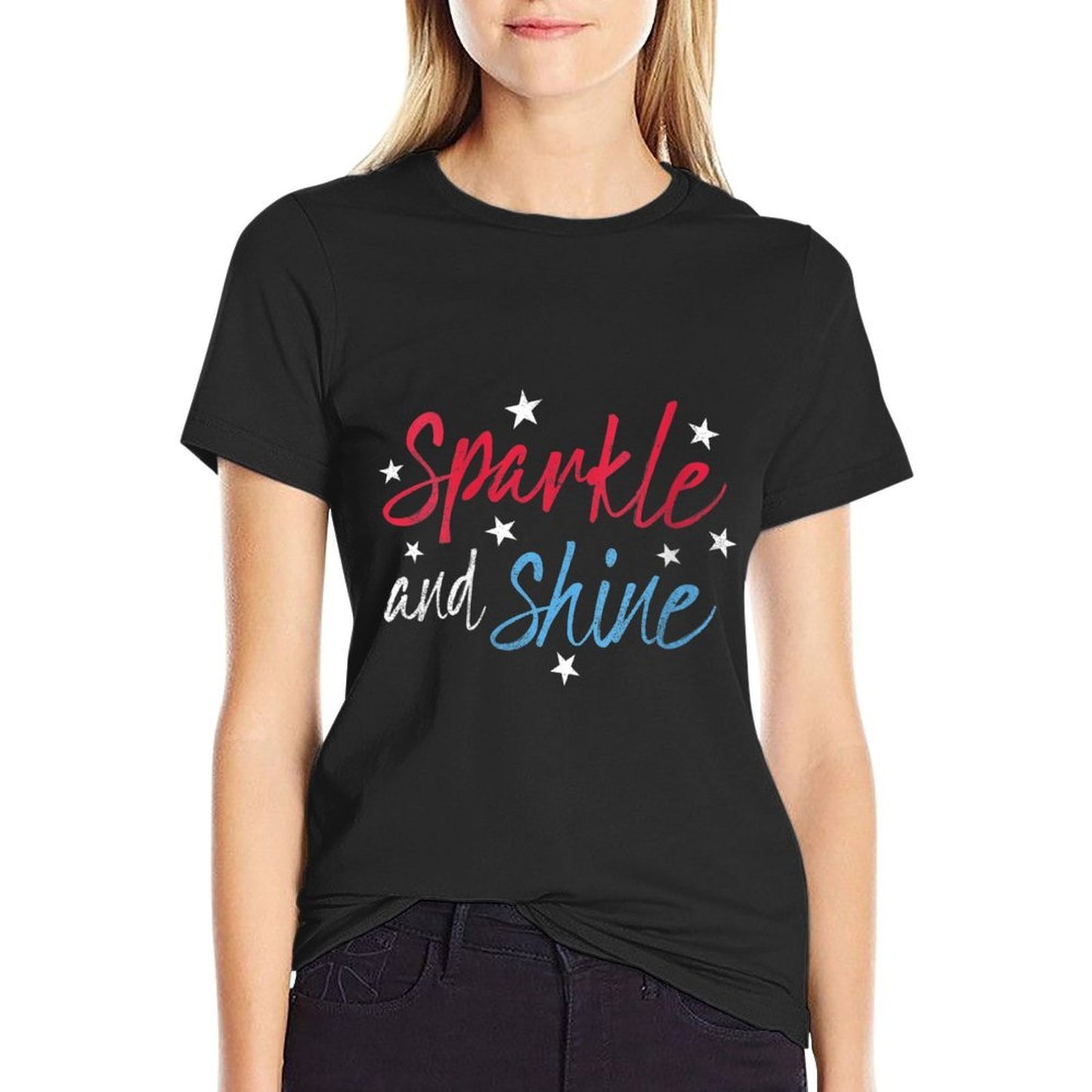 Womens Sparkle And Shine Red White Blue Cute 4th of July Top Eco-friendly Material T-Shirt