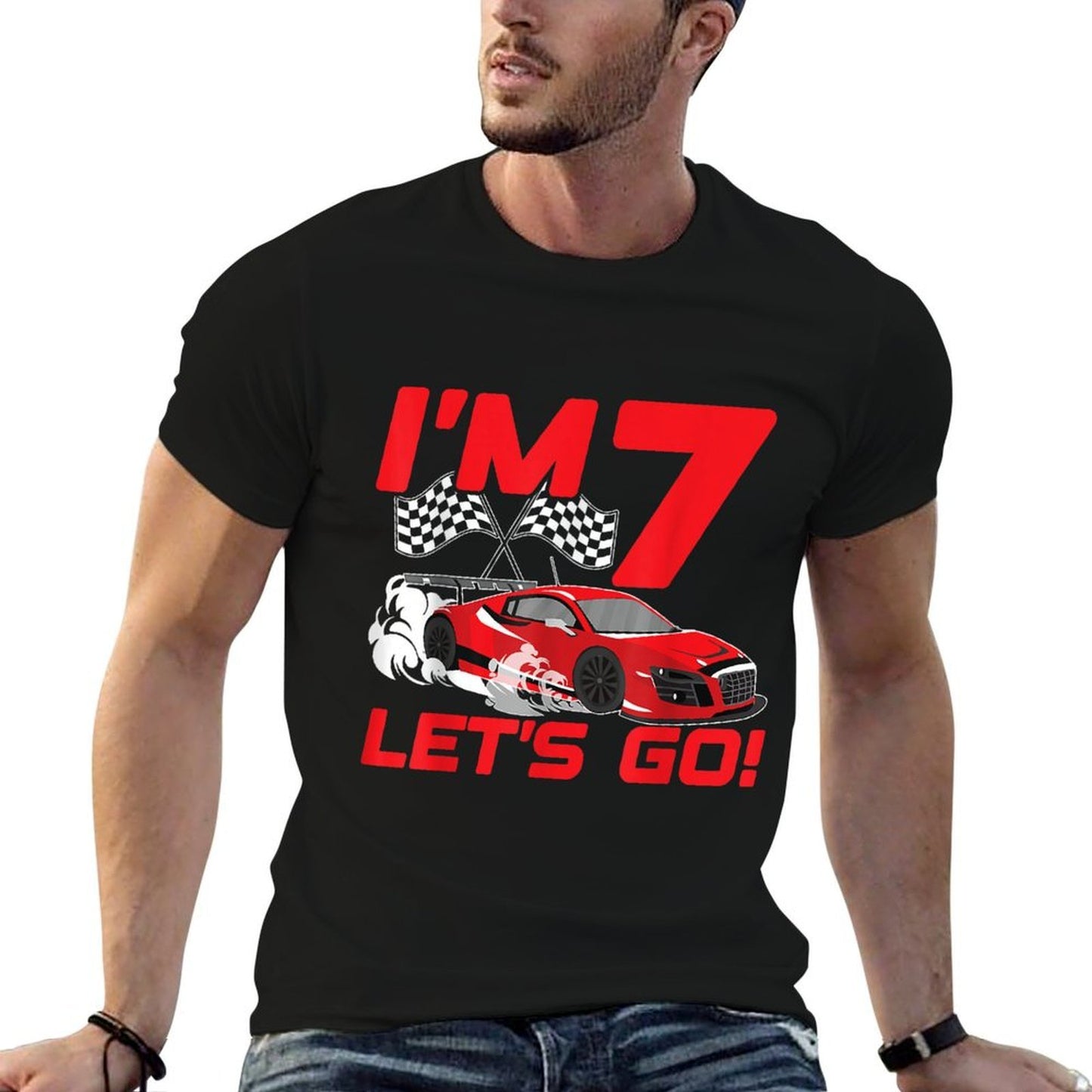 7 Year Old 7th Racing Racecar Birthday Party Boys Girls Ribbed Collar T-Shirt