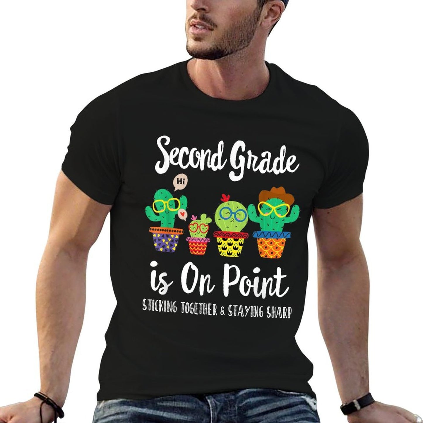 2nd Grade Is on Point, 1st Day of School Cactus Teacher Men Women Kids Ribbed Collar T-Shirt