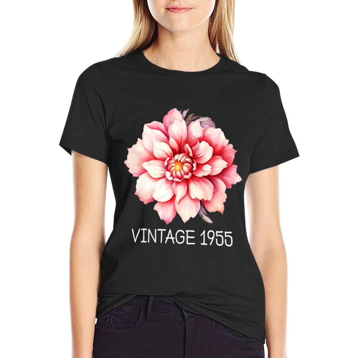 Womens Vintage 1955 Classic Cherry Blossom Flower Art 70th Birthday Rolled Sleeves T-Shirt