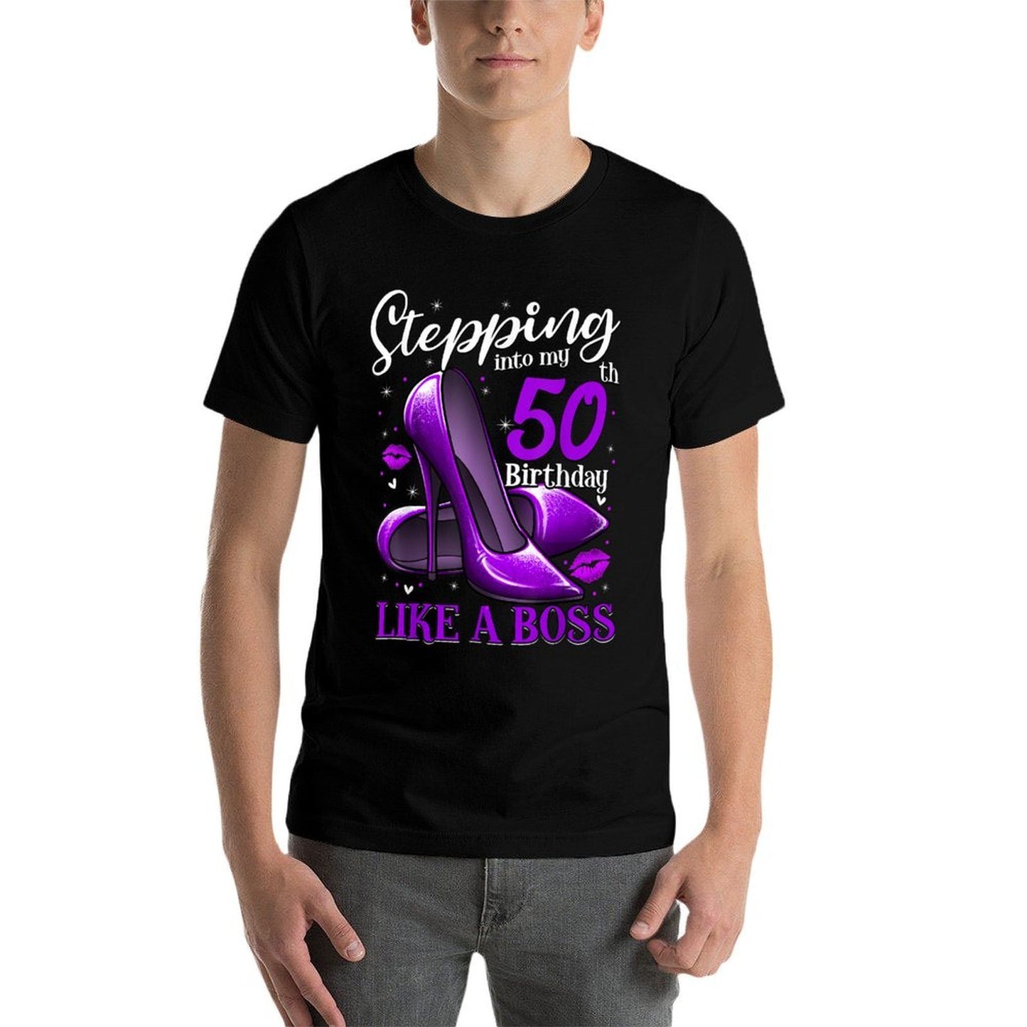 50 And Fabulous High Heels Stepping Into My 50th Birthday Ribbed Collar T-Shirt