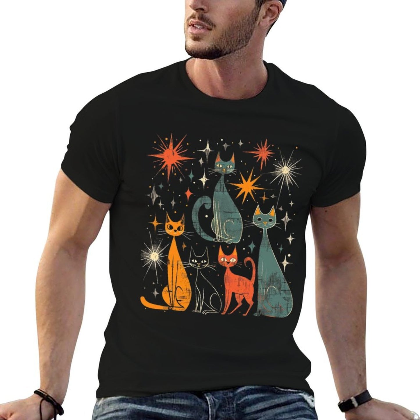 Vintage Retro Mid-Century Modern Look Cats 50s 60s Style Summer-ready Fabric T-Shirt