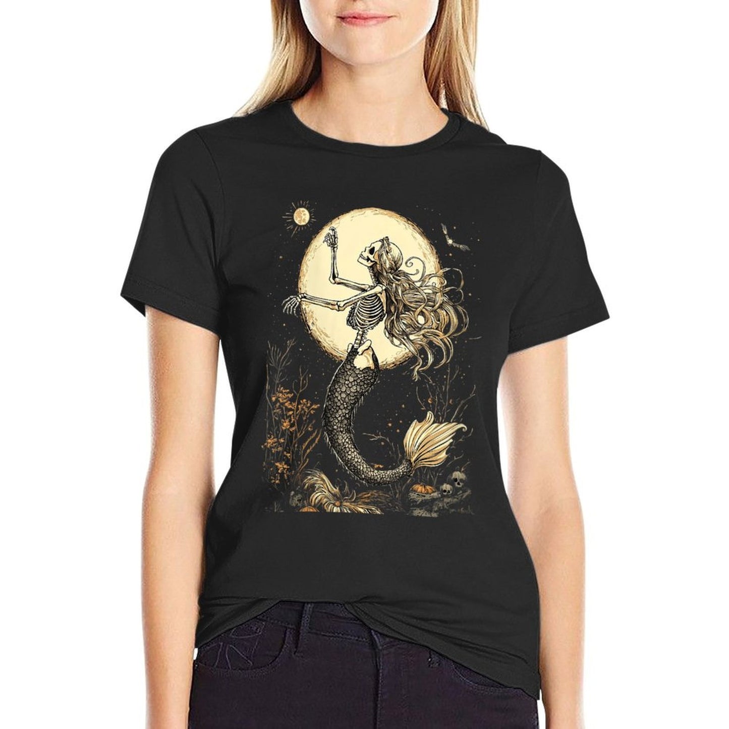 Womens Moonlit Mermaid Skeleton Mystical Halloween Fantasy Gothic Slim-fit Cut T-Shirt