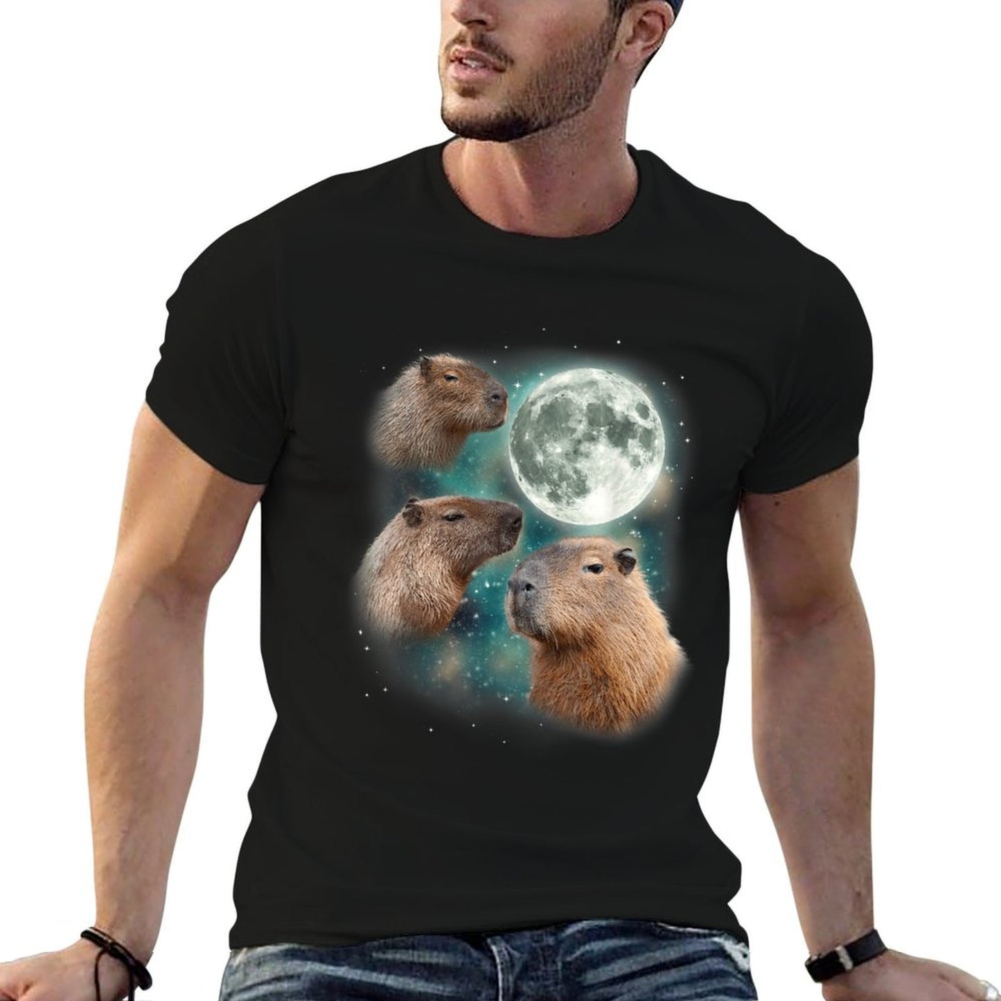 3 Capybara Moon Giant Rodents Weird Howling Parody High-quality Stitching T-Shirt