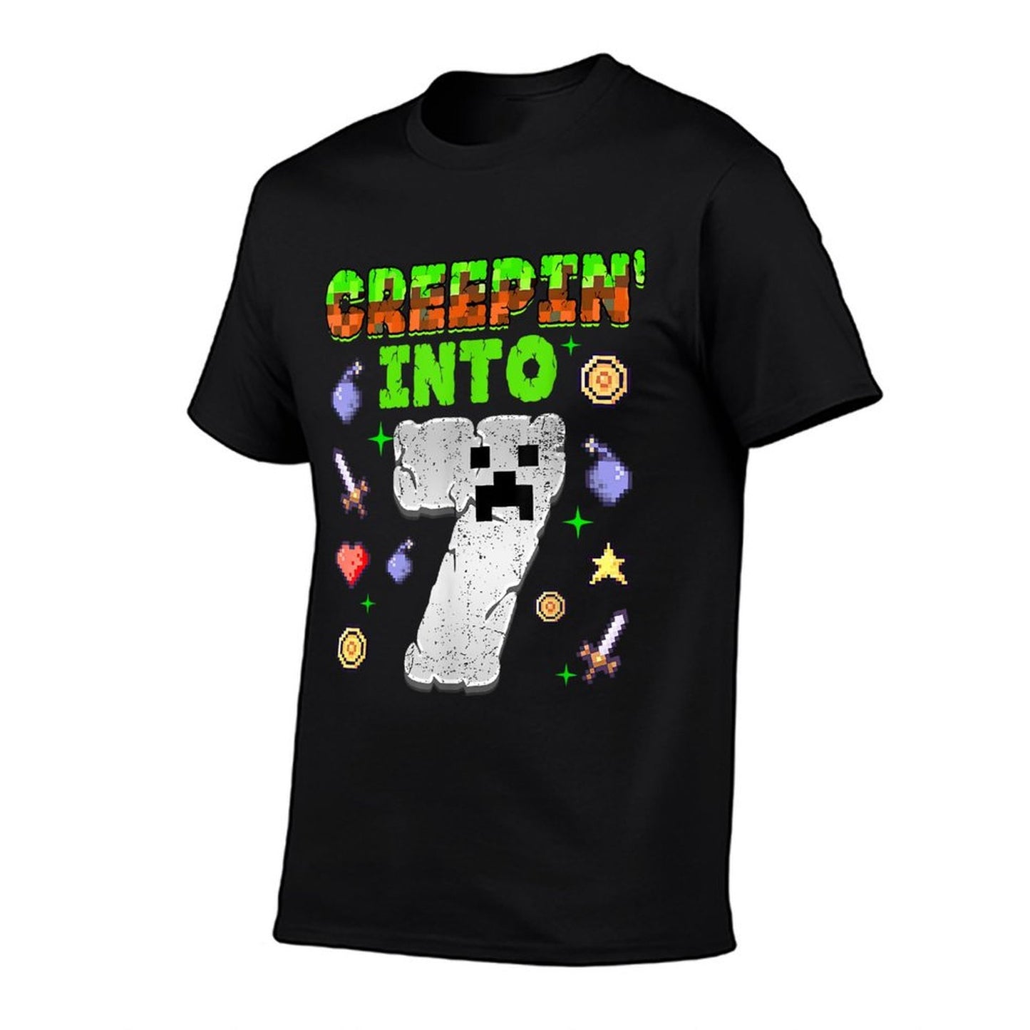 7th Birthday Gamer Pixel Creepin’ Into 7 Video Game Party Rolled Sleeves T-Shirt