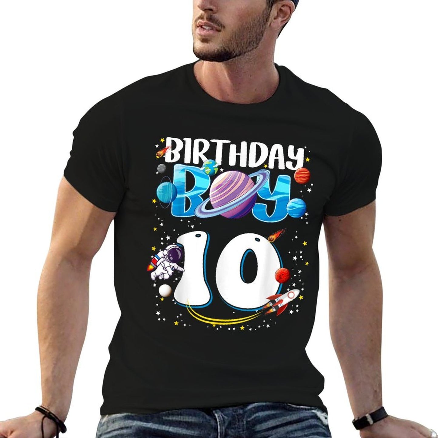 10th Birthday Boy Astronaut Space Planets Ten Years Old Ribbed Collar T-Shirt