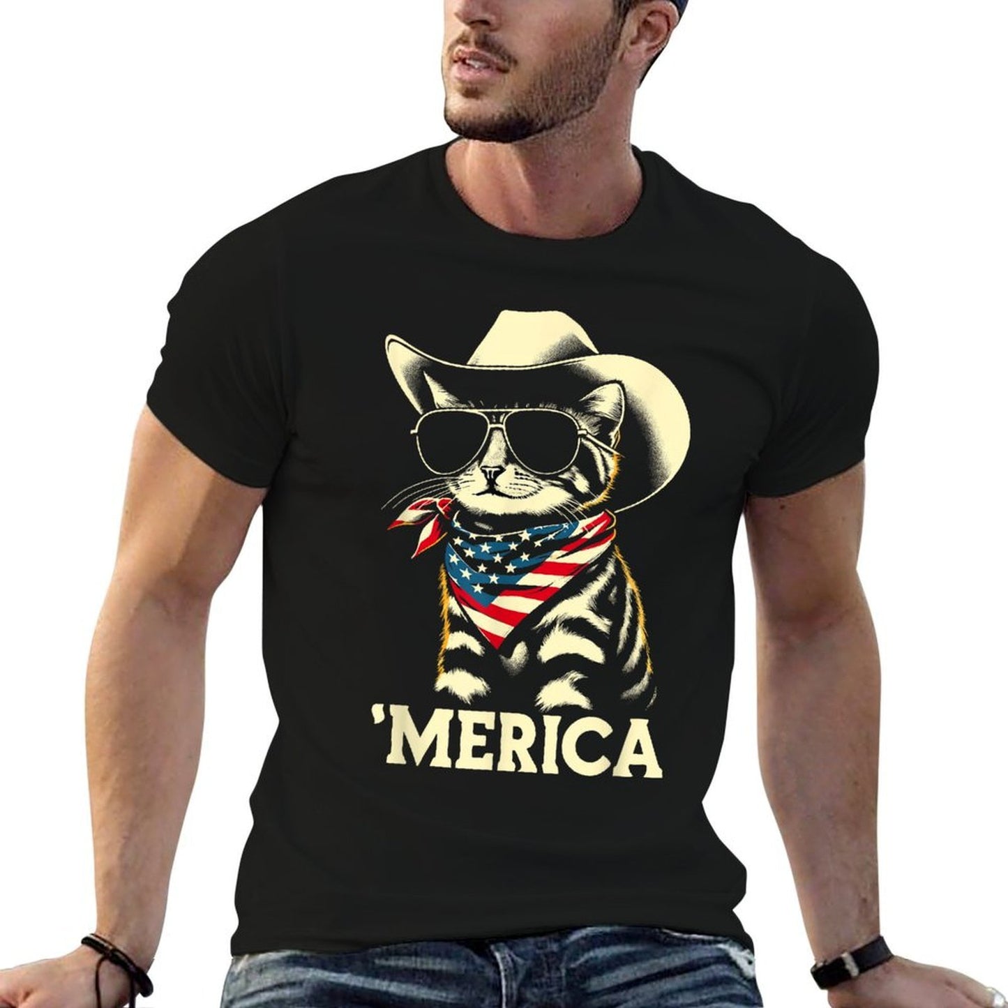 USA 'Merica Cat 4th of July Men Women Kids Funny Patriotic Lightweight T-Shirt
