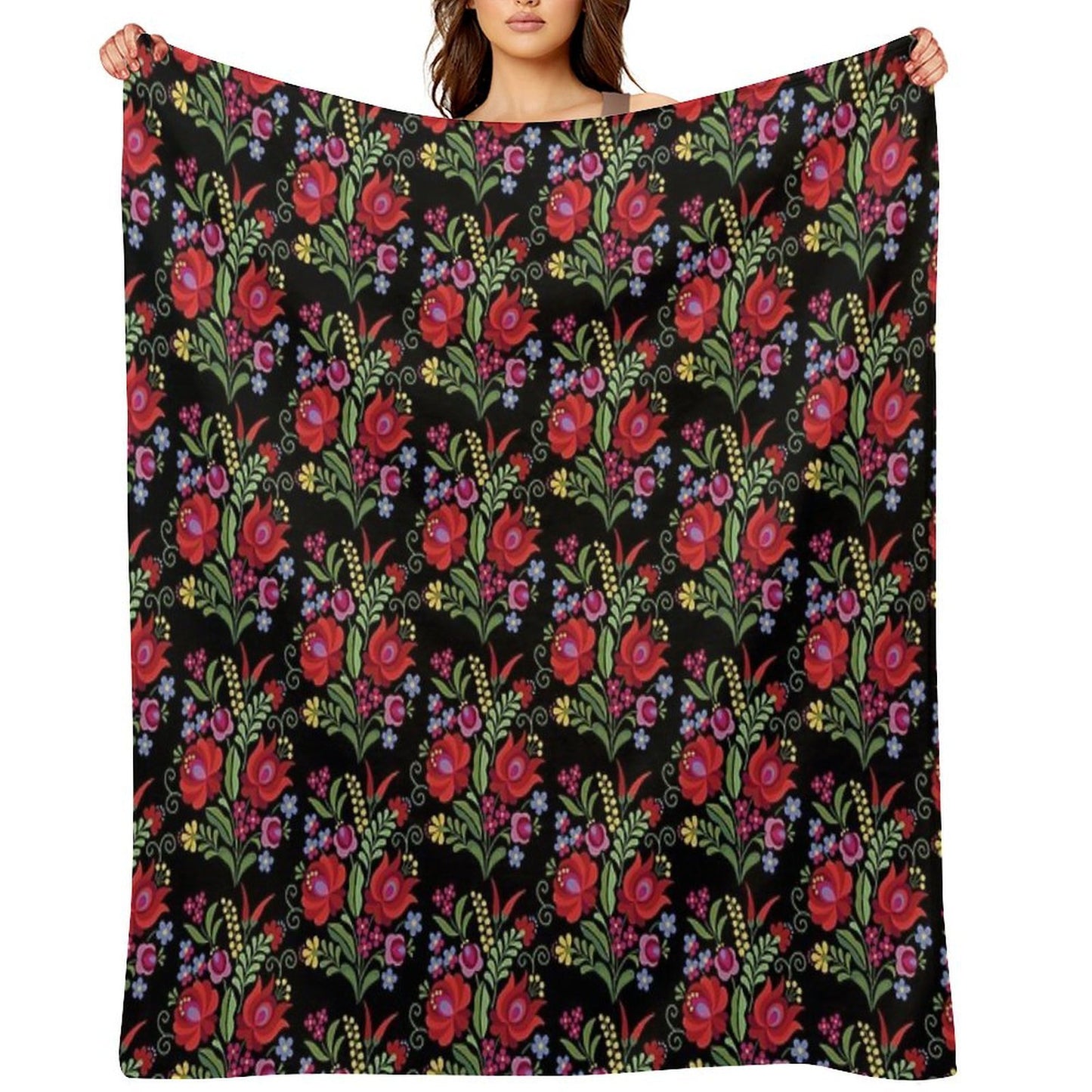 Hungarian Folk Design Red Peppers on Black Quick-dry Throw Blanket