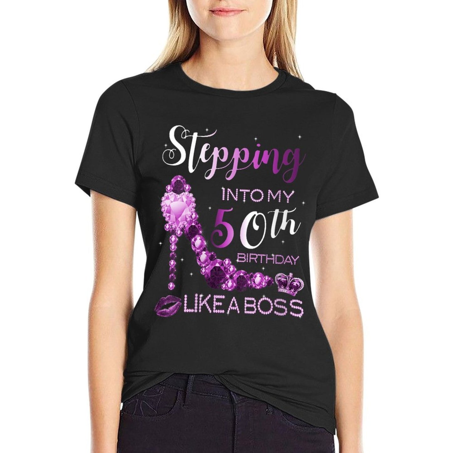 Womens 50th Birthday Women Amethyst Birthstone February Gift Rolled Sleeves T-Shirt