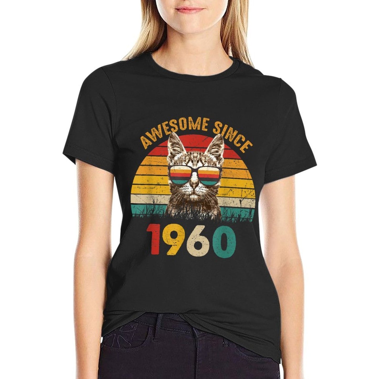 65th Birthday Gift Vintage Cat Lover Awesome Since 1960 Easy-care T-Shirt