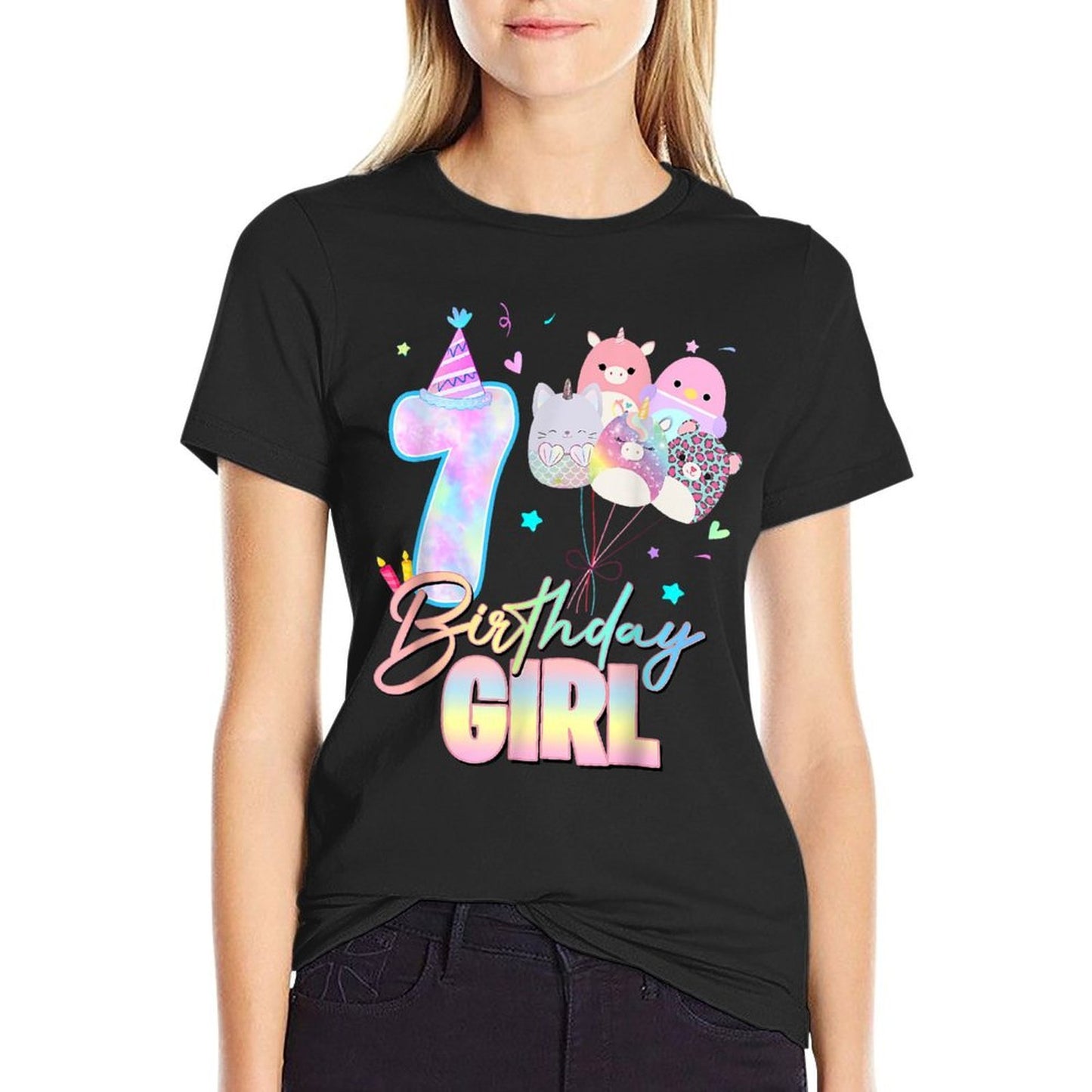 7th Birthday Squish Squad Mallow Girls Kids 7 Year Old Bday Trendy Pattern T-Shirt