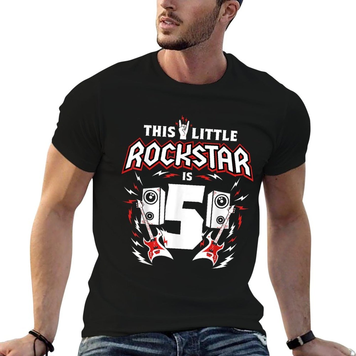 5th Birthday Rock And Roll Star Guitar 5 Year Old B-Day Rolled Sleeves T-Shirt