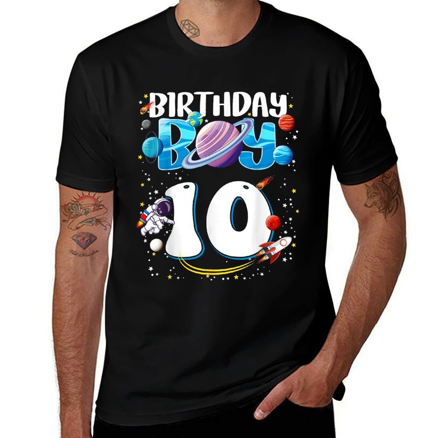 10th Birthday Boy Astronaut Space Planets Ten Years Old Ribbed Collar T-Shirt