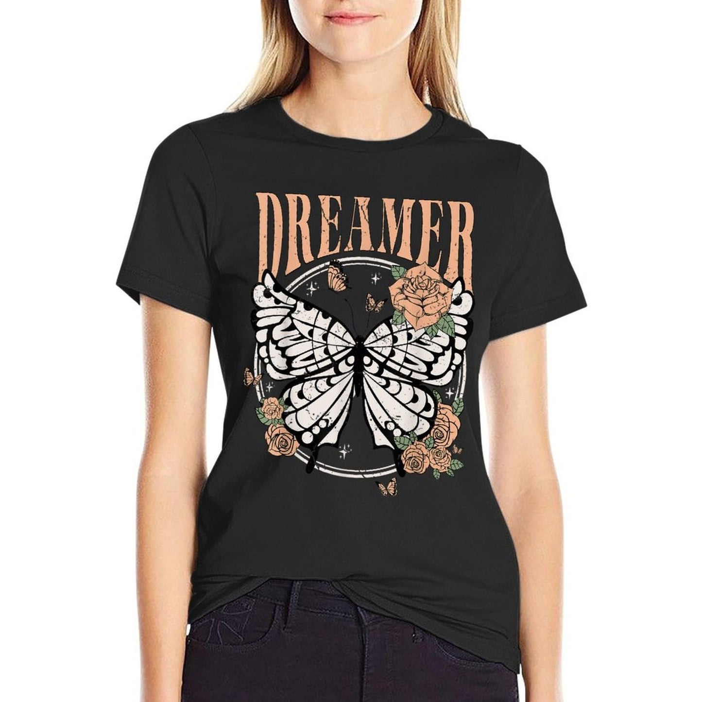 Vintage Retro Dreamer Butterfly 80's 90's Style Lover Gift Rolled Sleeves T-Shirt