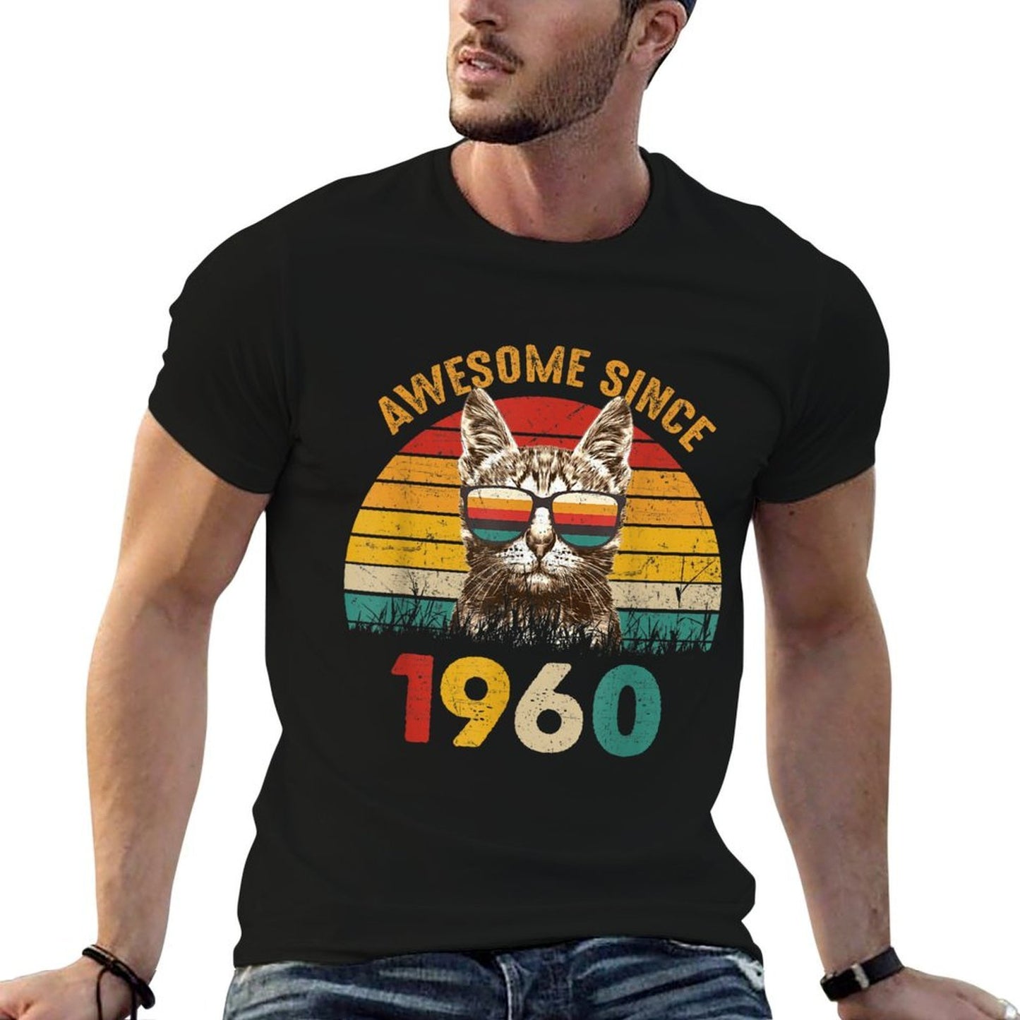 65th Birthday Gift Vintage Cat Lover Awesome Since 1960 Easy-care T-Shirt