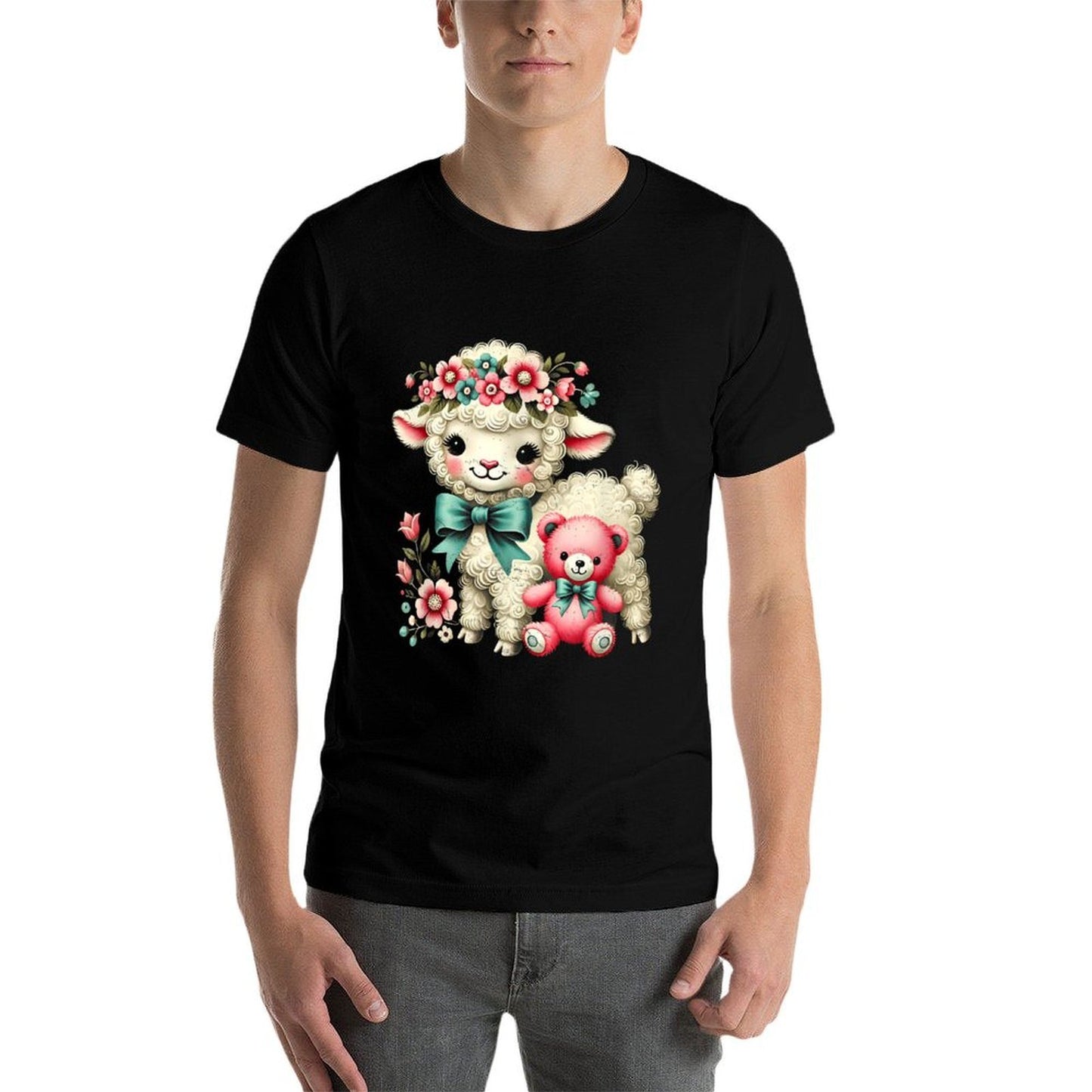 Vintage Easter Cute Lamb Bear Spring Flowers Retro  Lightweight T-Shirt