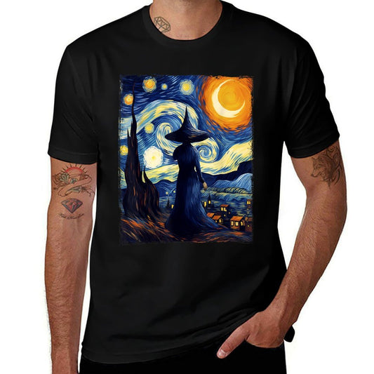 Witch Halloween Starry Night Van Gogh Aesthetic Painting  Breathable T-Shirt