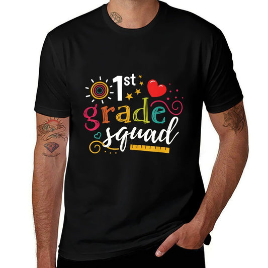 1st First Grade Squad Student Teacher Gift Back To School for Men Women Girls Kids  Ribbed Collar T-Shirt