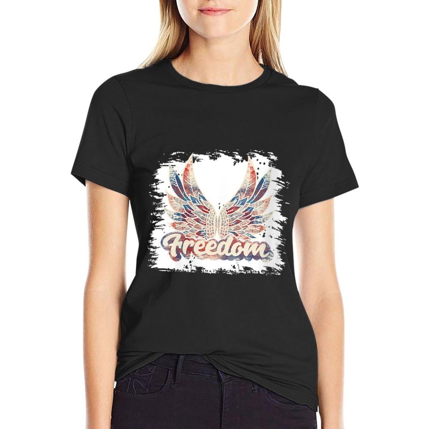 Womens Bleached July 4th Freedom Wings Patriotic USA Angel Wings  Breathable T-Shirt