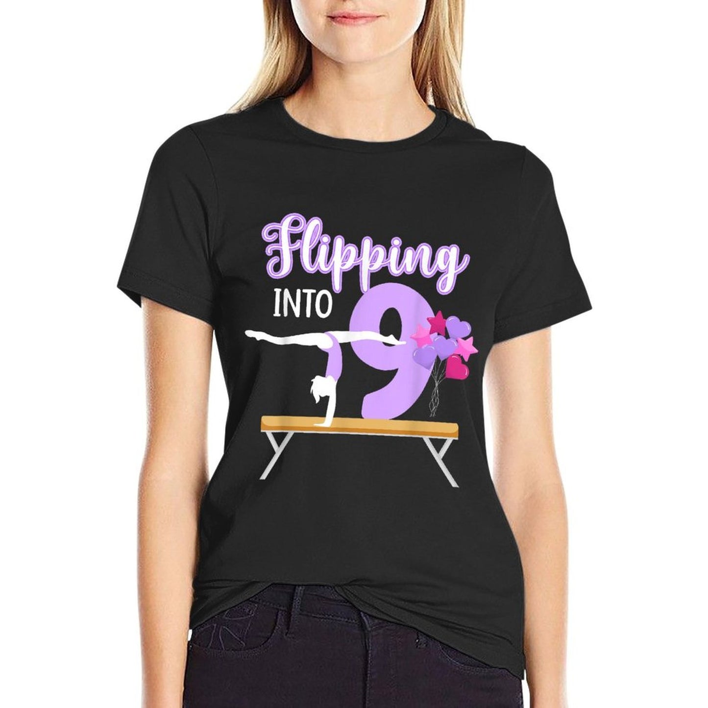 9th Gymnastics Birthday Party Nine Year Old Gymnast Girl  Fade-proof Color T-Shirt