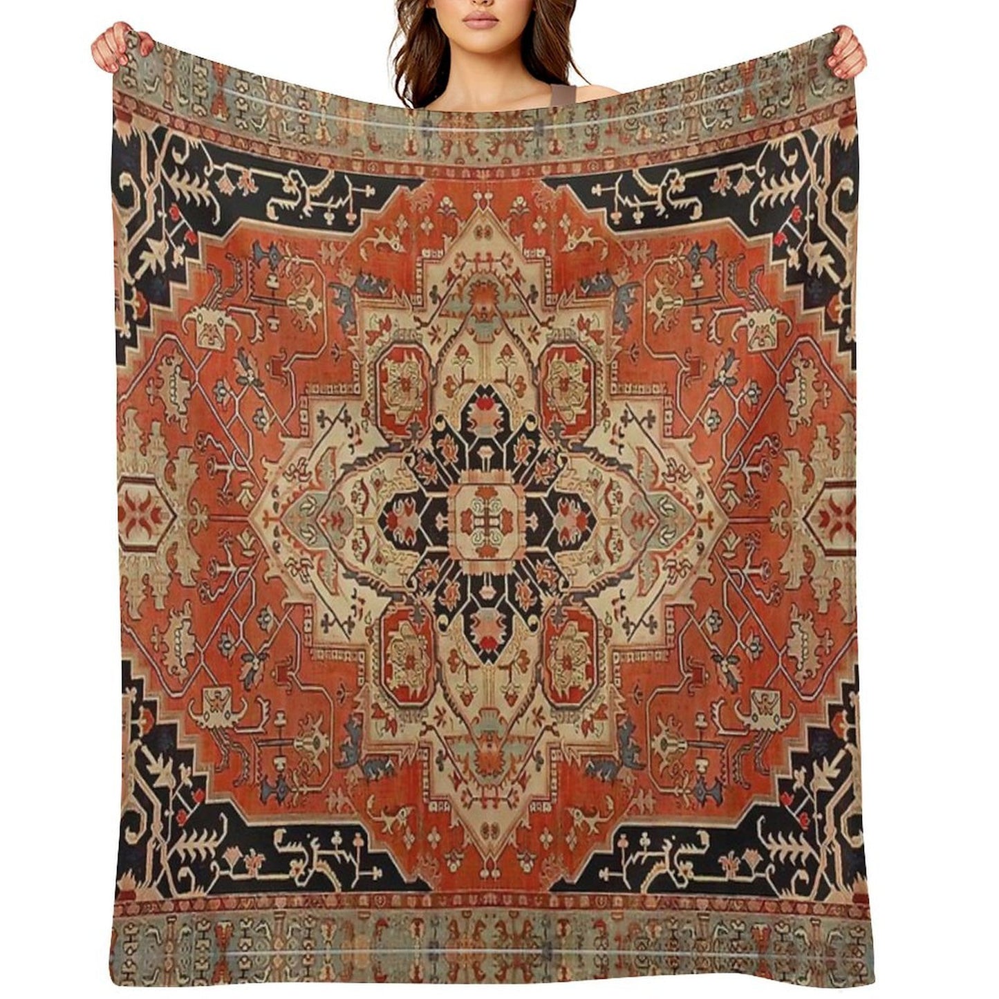 Vintage Heriz Medallion Rug Pattern  Boho Persian Geometric Tapestry Easy Care Throw Blanket