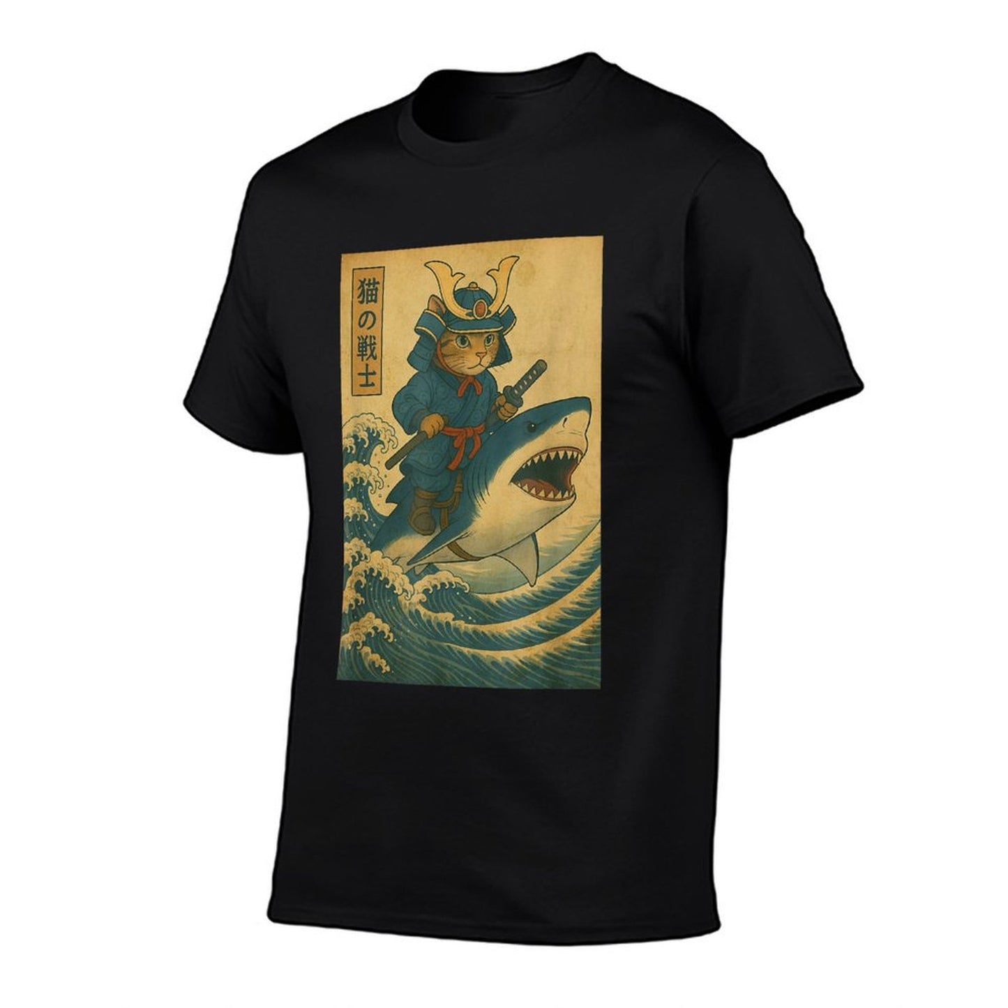 Vintage Anime Cat Japanese Funny Samurai Cat Riding Shark  Durable T-Shirt