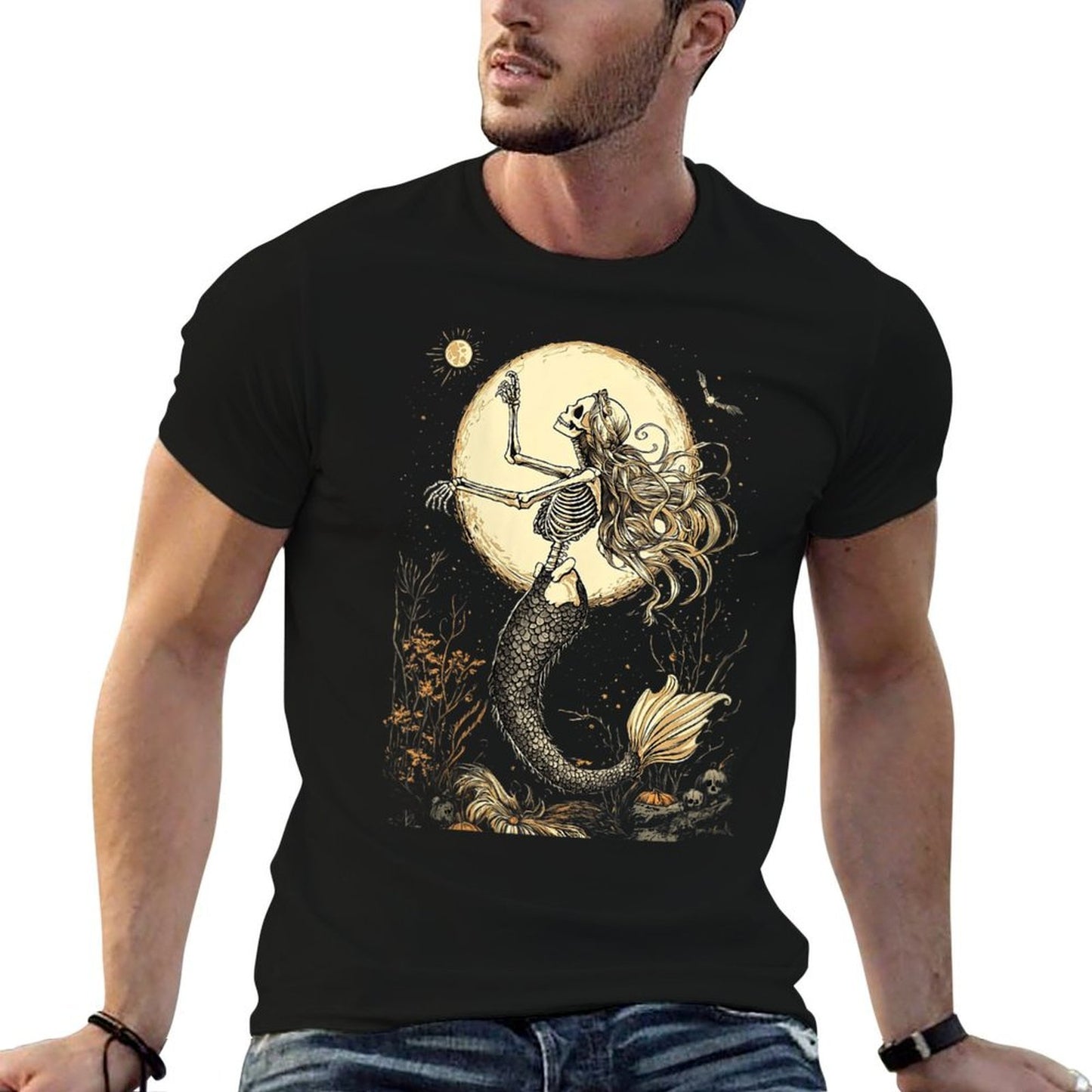 Womens Moonlit Mermaid Skeleton Mystical Halloween Fantasy Gothic  Slim-fit Cut T-Shirt