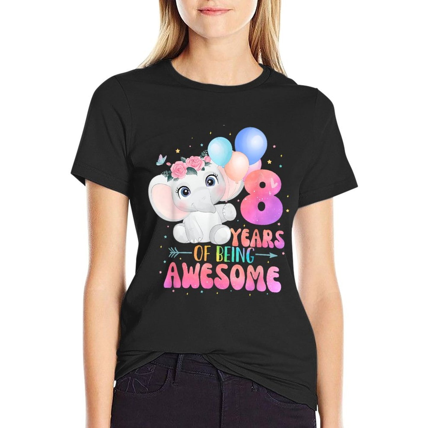 8 Years Of Being Awesome Cute Elephant 8th Birthday Girl  Oversized Silhouette T-Shirt