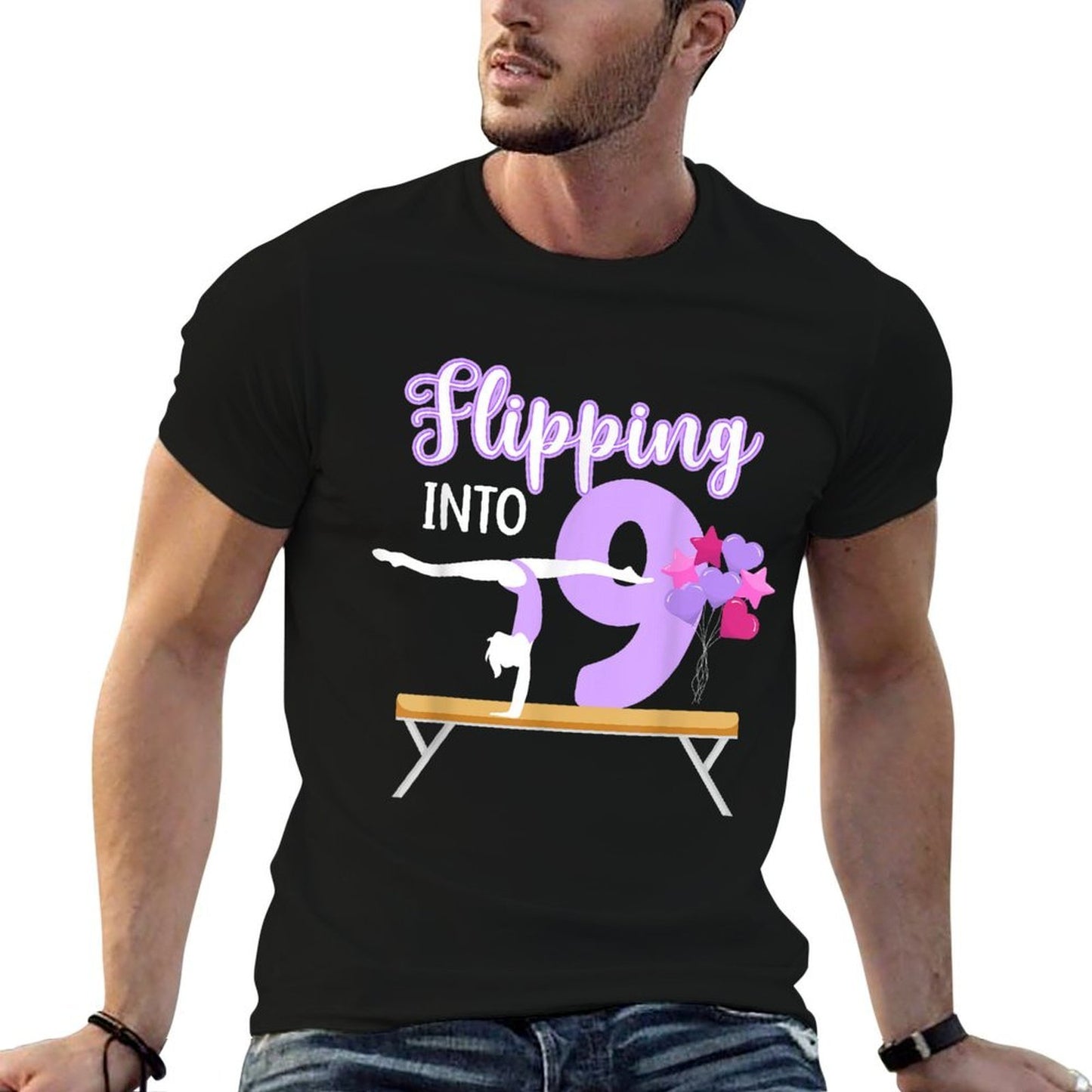 9th Gymnastics Birthday Party Nine Year Old Gymnast Girl  Fade-proof Color T-Shirt