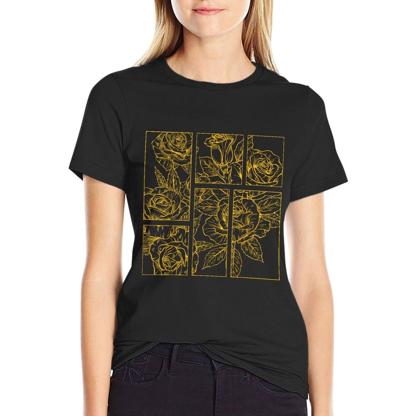 Yellow Roses Line Art Drawing Aesthetic Roses for The Ladies  Ribbed Collar T-Shirt