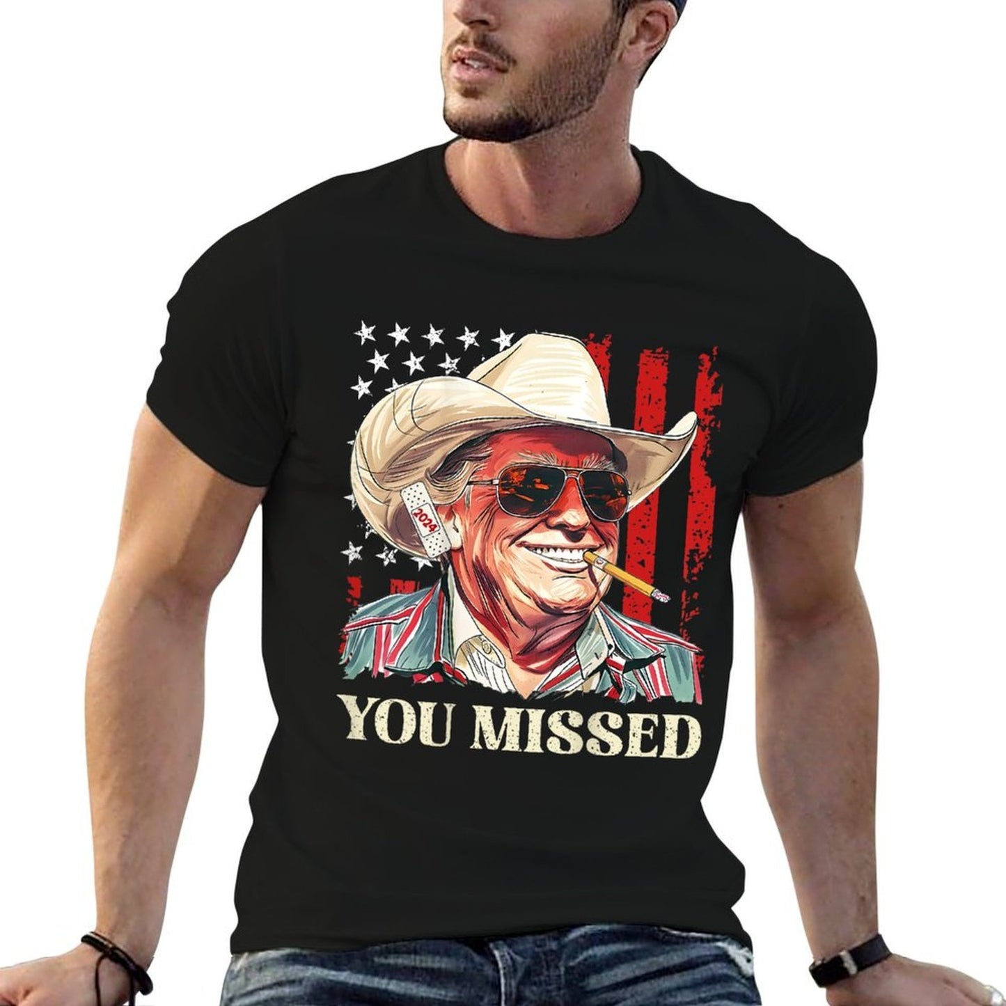 Western Trump Cowboy You Missed Trump 2024 (On Back)  Fade-proof Color T-Shirt