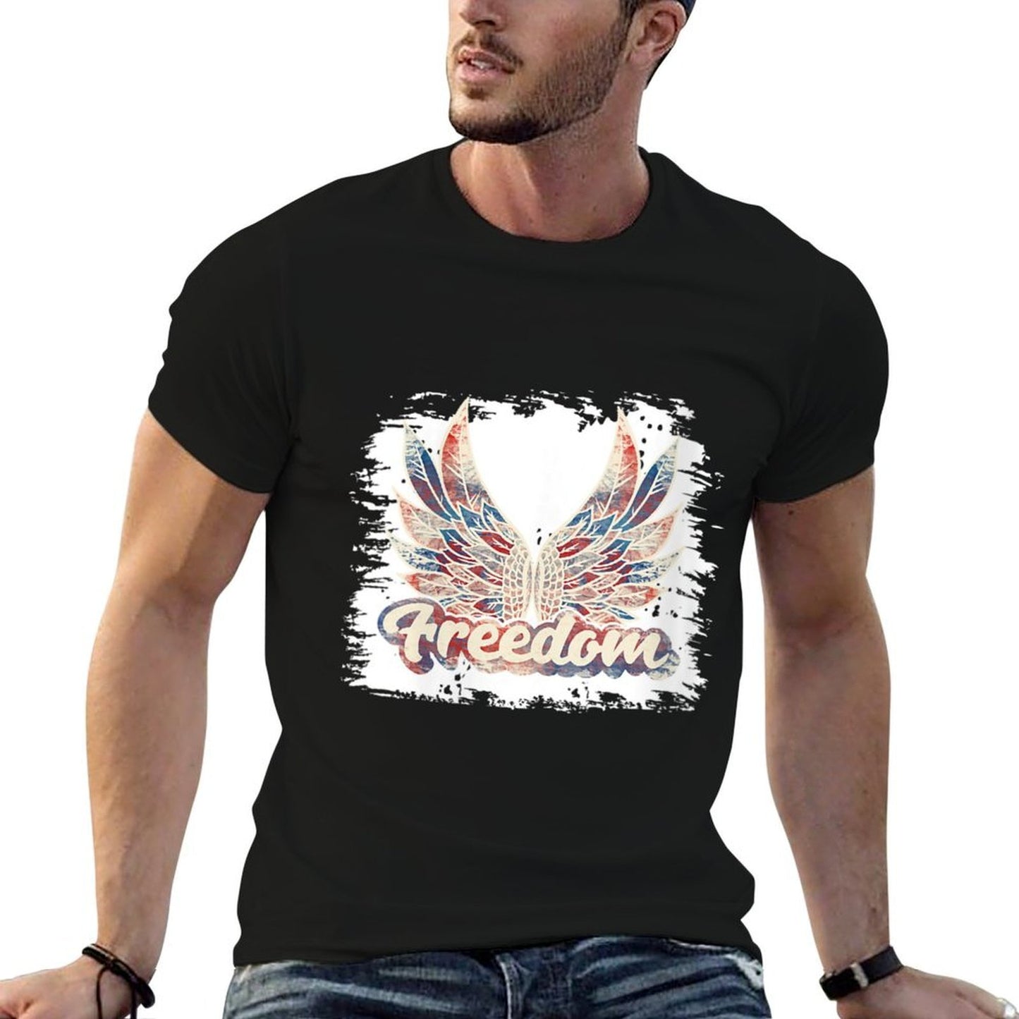 Womens Bleached July 4th Freedom Wings Patriotic USA Angel Wings  Breathable T-Shirt