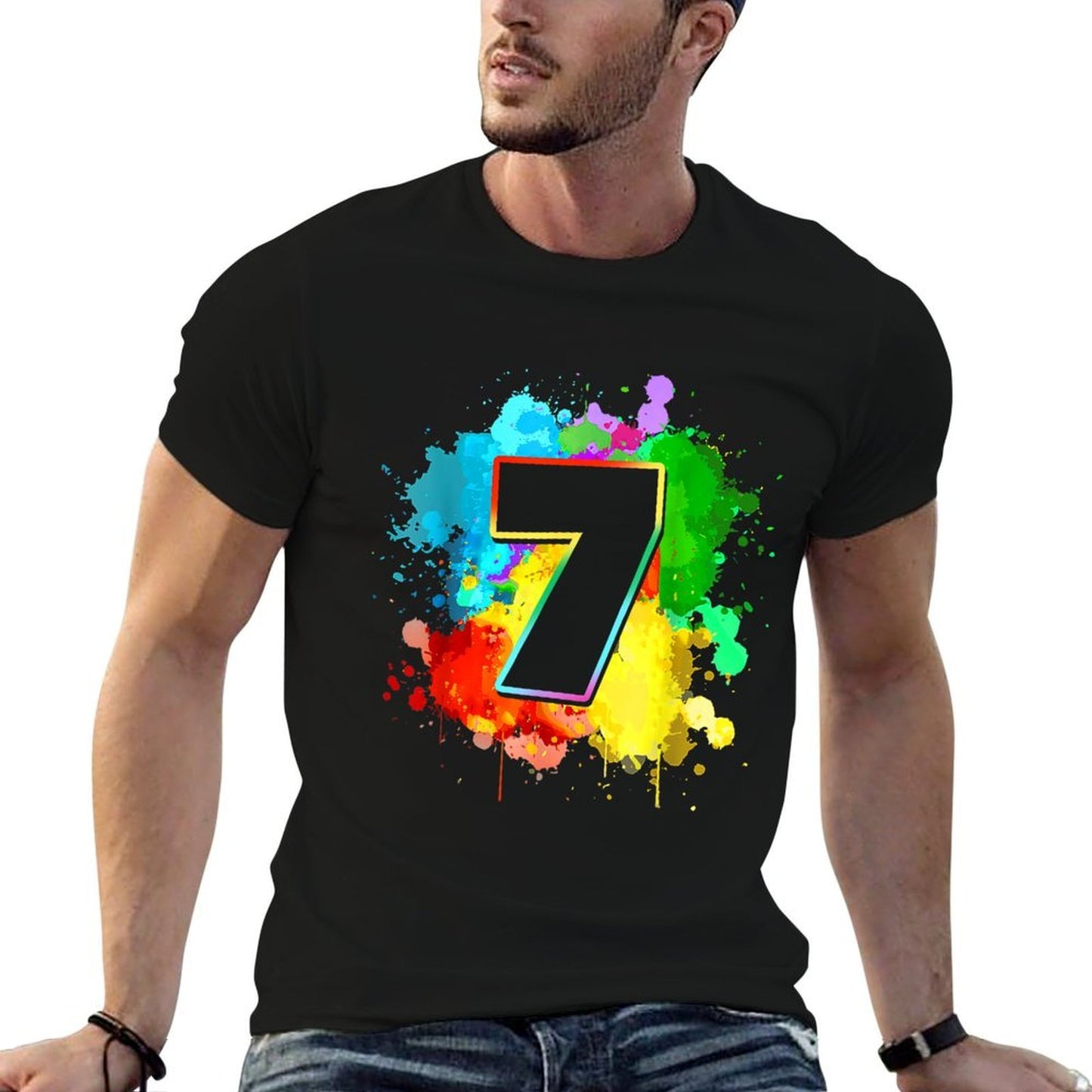 7th Birthday Colorful Paint Splashes 7 Year Old Tie Dye Bday  Trendy Pattern T-Shirt