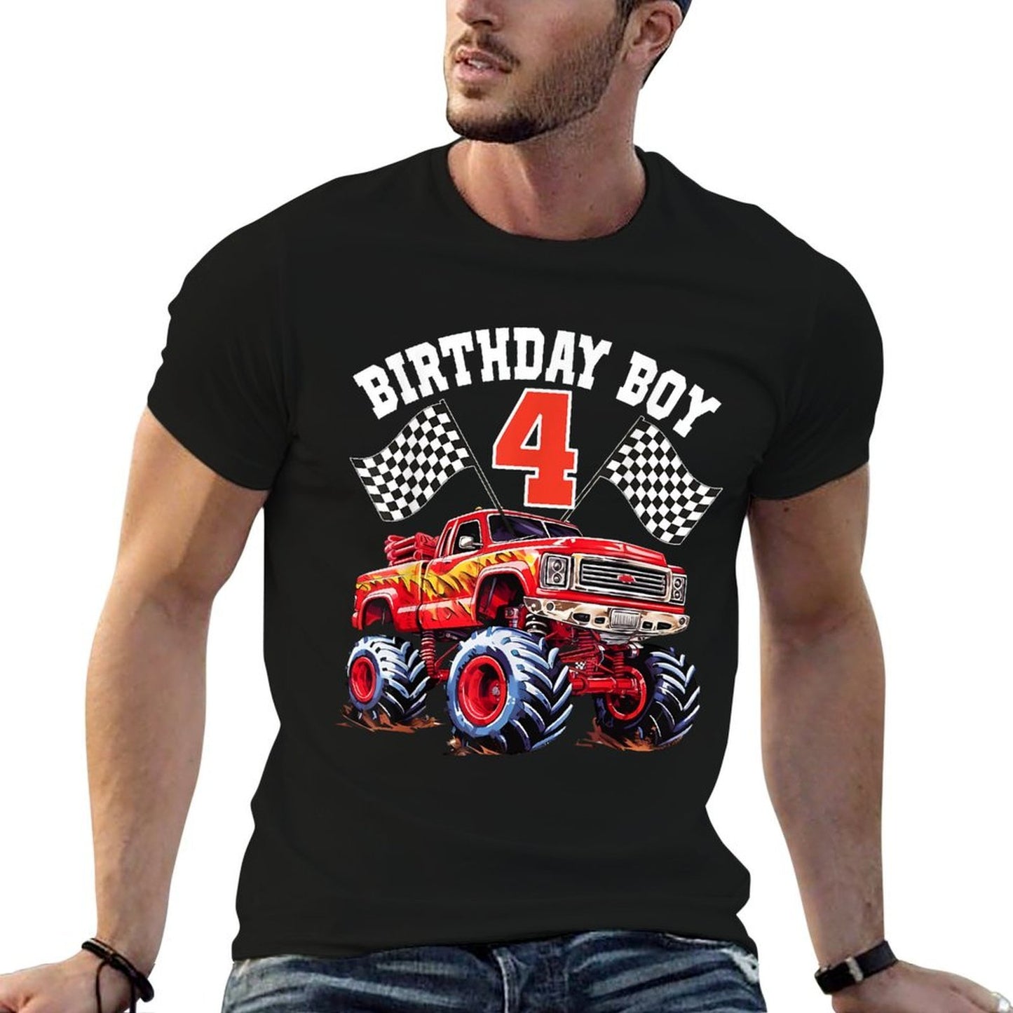 4 Year Old 4th Birthday Boys Monster Truck Car  Durable T-Shirt