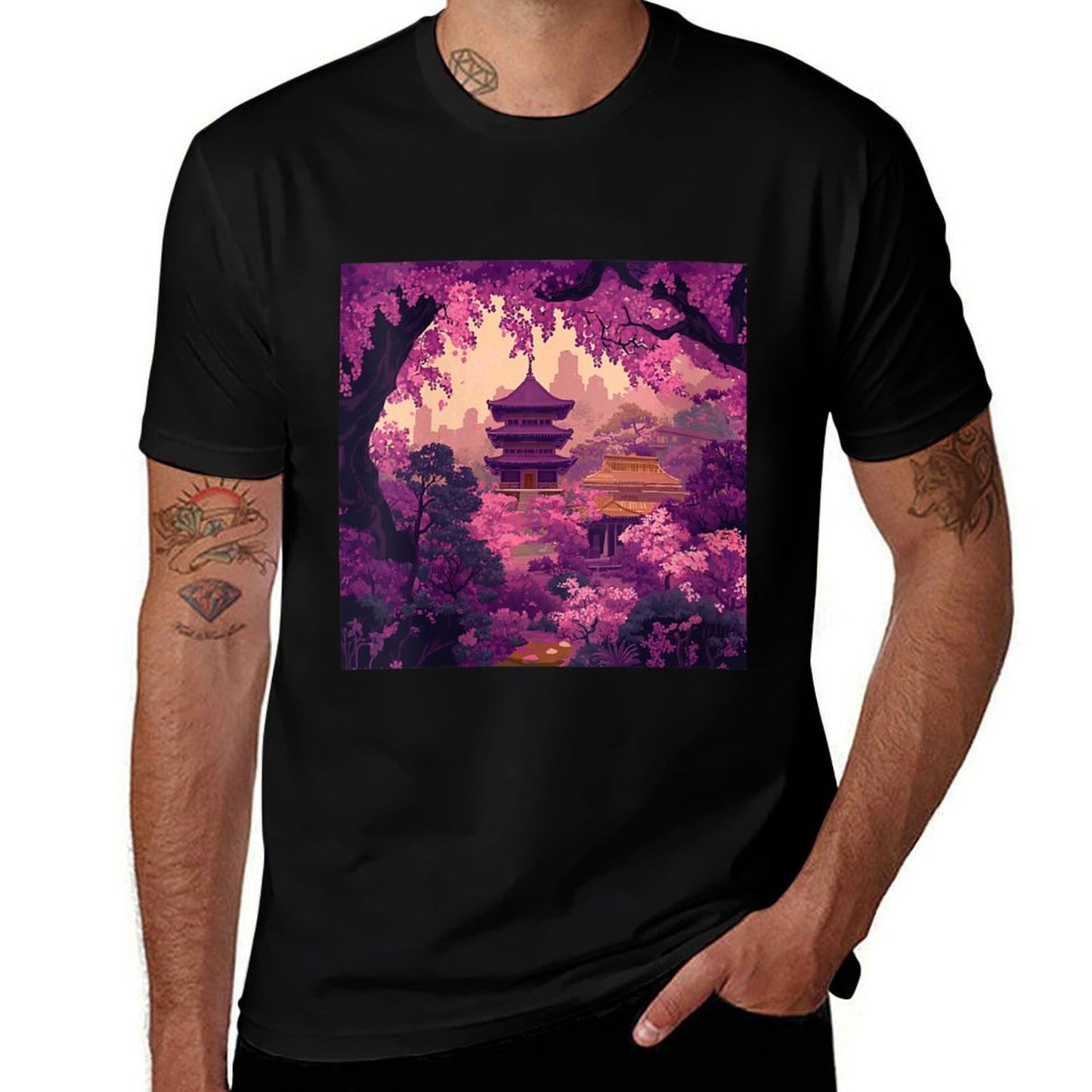 Womens Sakura Blossoms And City Skyline at Twilight  Oversized Silhouette T-Shirt