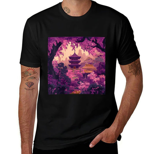Womens Sakura Blossoms And City Skyline at Twilight  Oversized Silhouette T-Shirt